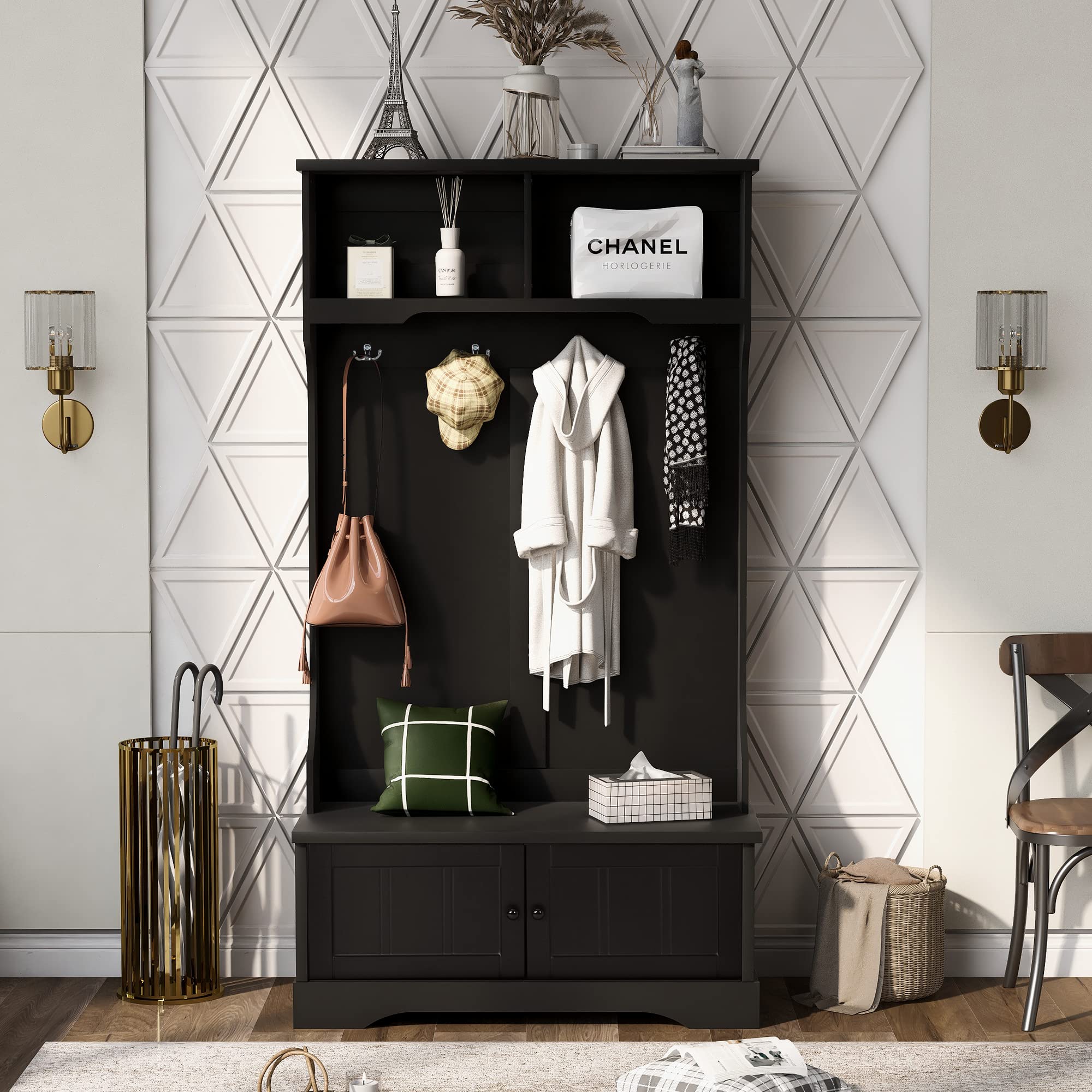Hall Tree with Storage Cabinet, Entryway Bench with Shelves & 4 Hooks - Shoe Bench & Coat Rack for Entrance & Hallway (2 Doors, Black) - Perfect for Organizing Shoes, Coats & Accessories in Small Spaces
