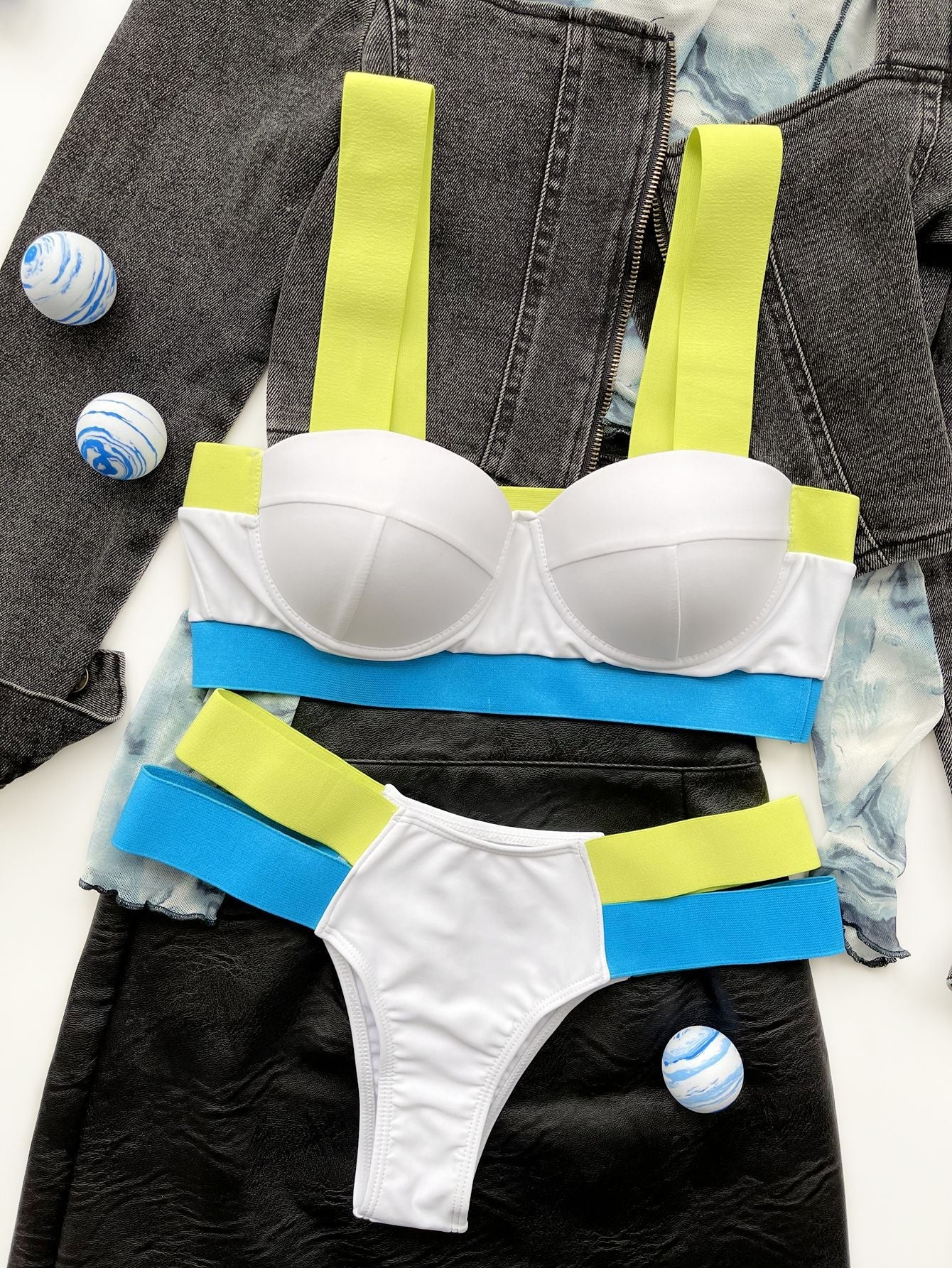Sexy Push Up Bikini Set - High Waisted Bandage Swimwear with Color Block Patchwork Design | Perfect for Beach Vacations, Pool Parties & Summer Getaways