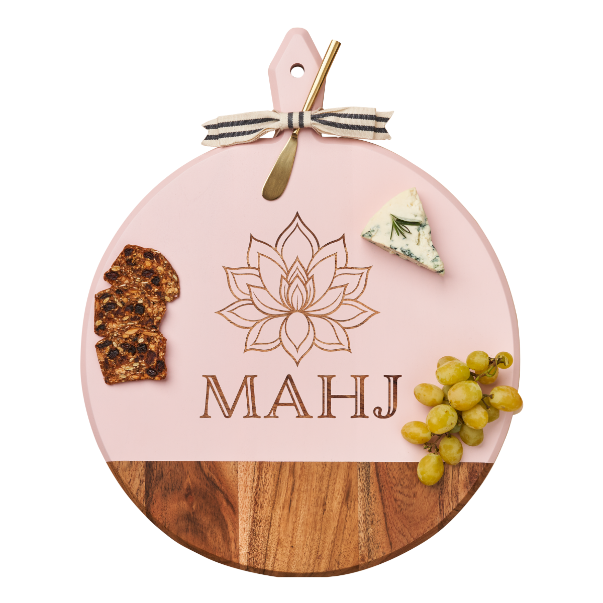 Acacia Wood Heirloom Cheese Board with Gold Spreader & Gray Ribbon - Round Charcuterie Serving Tray for Weddings, Parties & Gifts (20x16 Inches)