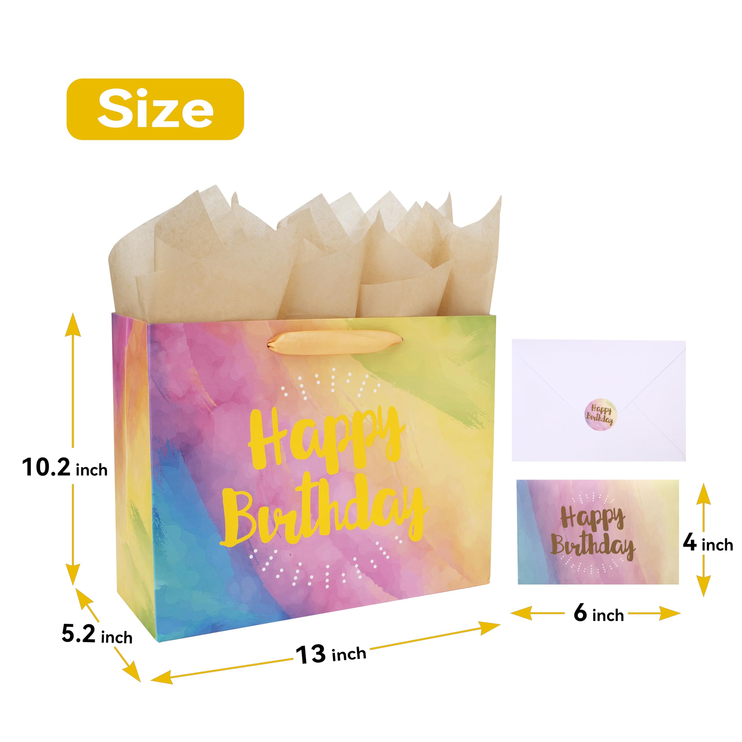 Wishinside 13-Inch Large Yellow Watercolor Gift Bag Set with Greeting Card & Tissue Paper (Gold Foil 'Happy Birthday') - Perfect for Birthdays, Baby Showers, Women, Men, Girls & Boys - Great for Party Favors, Gift Wrapping & Special Occasions