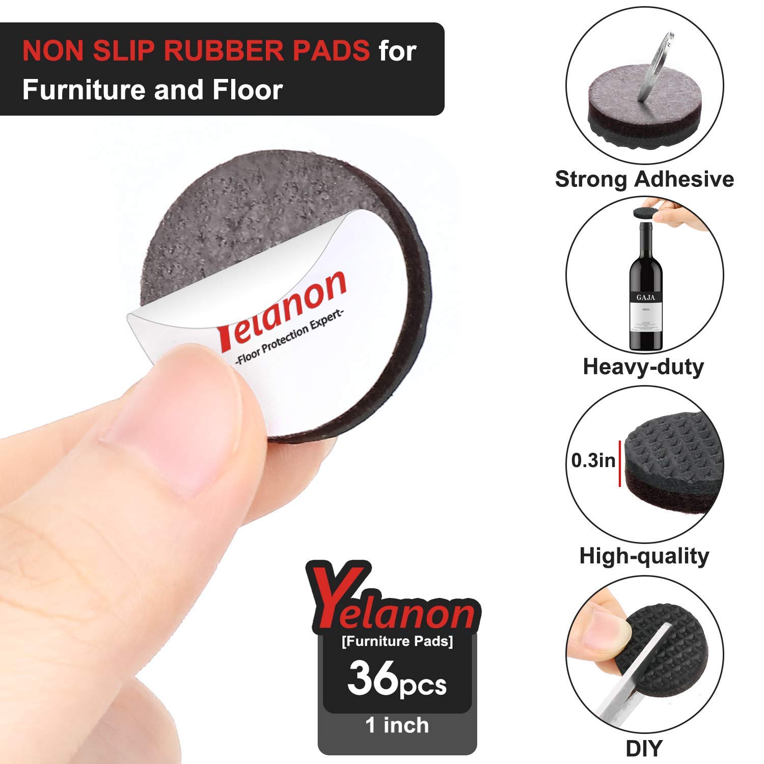 Yelanon Non Slip Furniture Pads - 36 Pack 1 Inch Self Adhesive Rubber Grippers for Chair Legs, Table Feet & Sofa - Anti-Skid Floor Protectors for Hardwood, Tile & Laminate - Perfect for Home, Office & Dining Room Furniture Protection