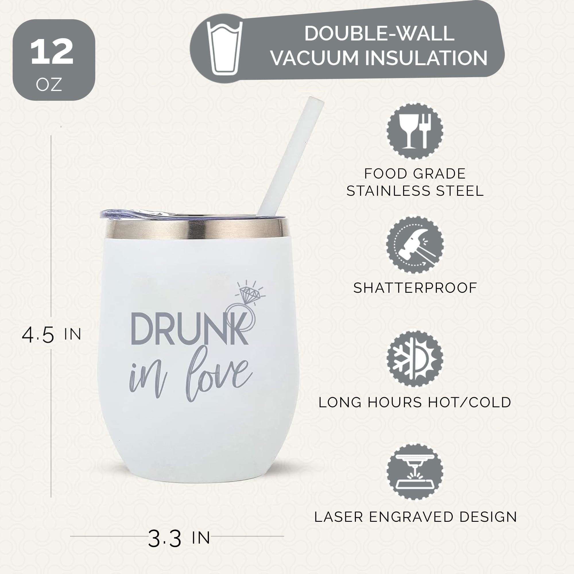 Drunk In Love Bride Stainless Steel Tumbler 12oz with Lid & Straw - Insulated Wine Cup for Engagement, Bachelorette & Wedding - Perfect Gift for Future Brides, Bridal Showers & Newlyweds - Great for Parties, Honeymoons & Romantic Celebrations