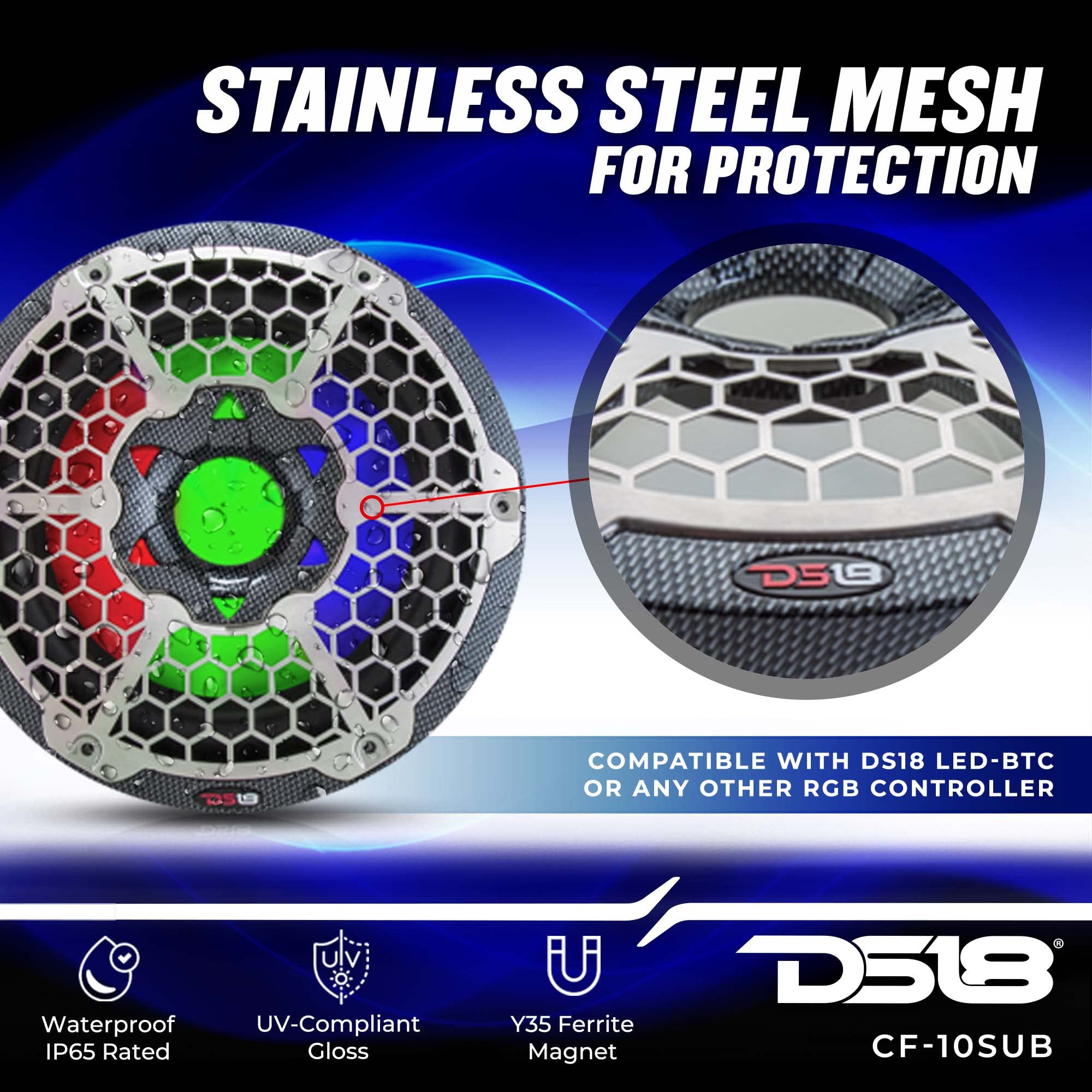 DS18 CF10SUB 10 Inch Waterproof Marine Subwoofer with RGB Lights - 600W Max Power for Boats, ATV, UTV - Perfect for Outdoor Adventures & Off-Road Vehicles
