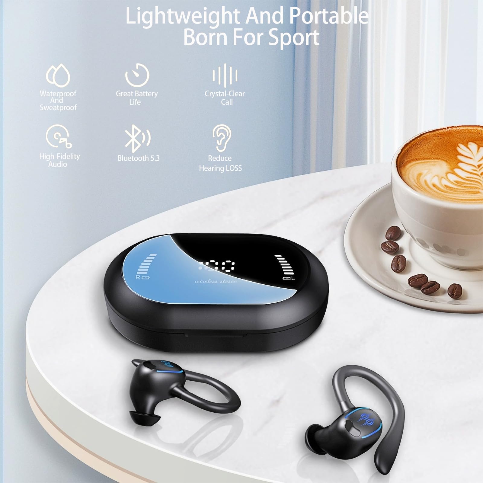 Wireless Bluetooth Sports Earbuds with Ear Hooks - Sweatproof & Waterproof Over-Ear Headphones for Running, Workout, Gym, Cycling & Outdoor Activities - Secure Fit for Active Lifestyles