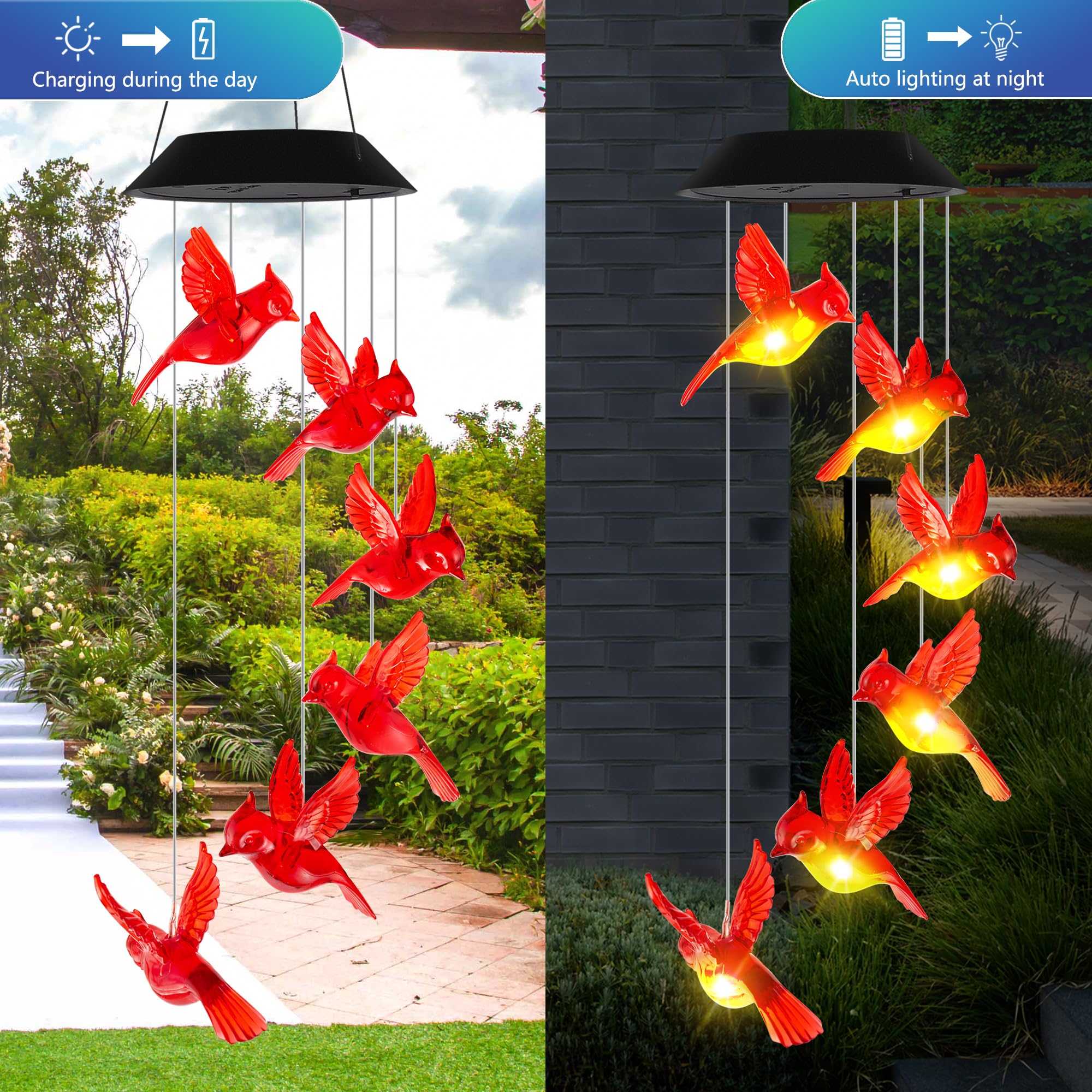 Cardinal Solar Wind Chimes with LED Lights - Outdoor Hanging Decor for Garden, Patio, Yard | Perfect Gift for Women, Mom, Grandma | Solar-Powered Bird Ornament for Relaxing Ambience