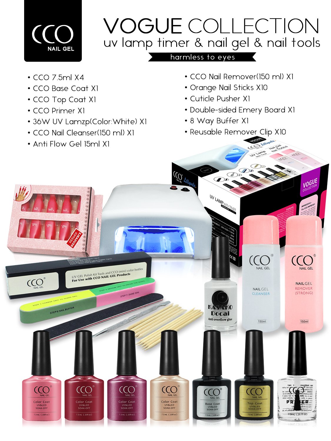 Professional CCO Nail Gel Starter Kit with UV LED Lamp, Base & Top Coat, Shellac Vogue Plus Polish & Remover - Complete Manicure Set for Salon & Home Use (Nude Colors)