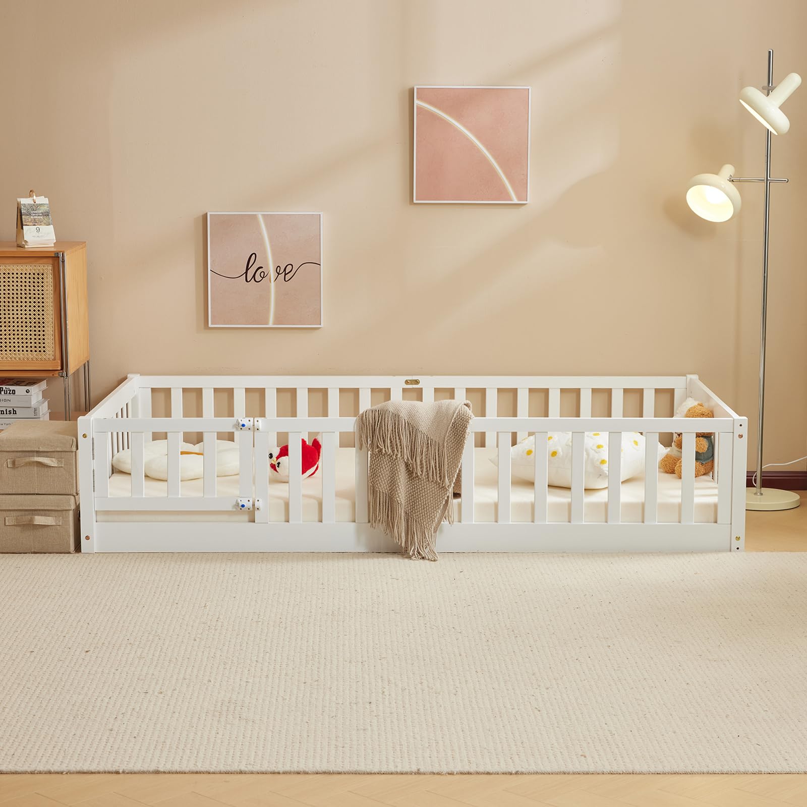 Montessori Toddler Floor Bed with Safety Guardrails - Solid Wood Twin Bed Frame for Kids, Girls & Boys - White Karl Home Bed with 12 Slats, Door & Fence | Perfect for Montessori Rooms, Daycare Centers & Safe Toddler Sleeping Spaces