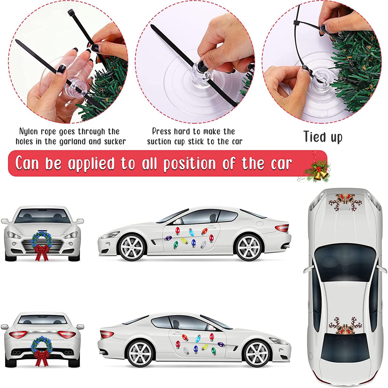 Frienda 40-Piece Christmas Car Wreath Set with LED Wreath, 20 Reflective Lights, 2 Reindeer Magnets, 10 Magnet Wires & 2 Suction Cups - Perfect for Holiday Car Decorations, Christmas Parades & Festive Road Trips