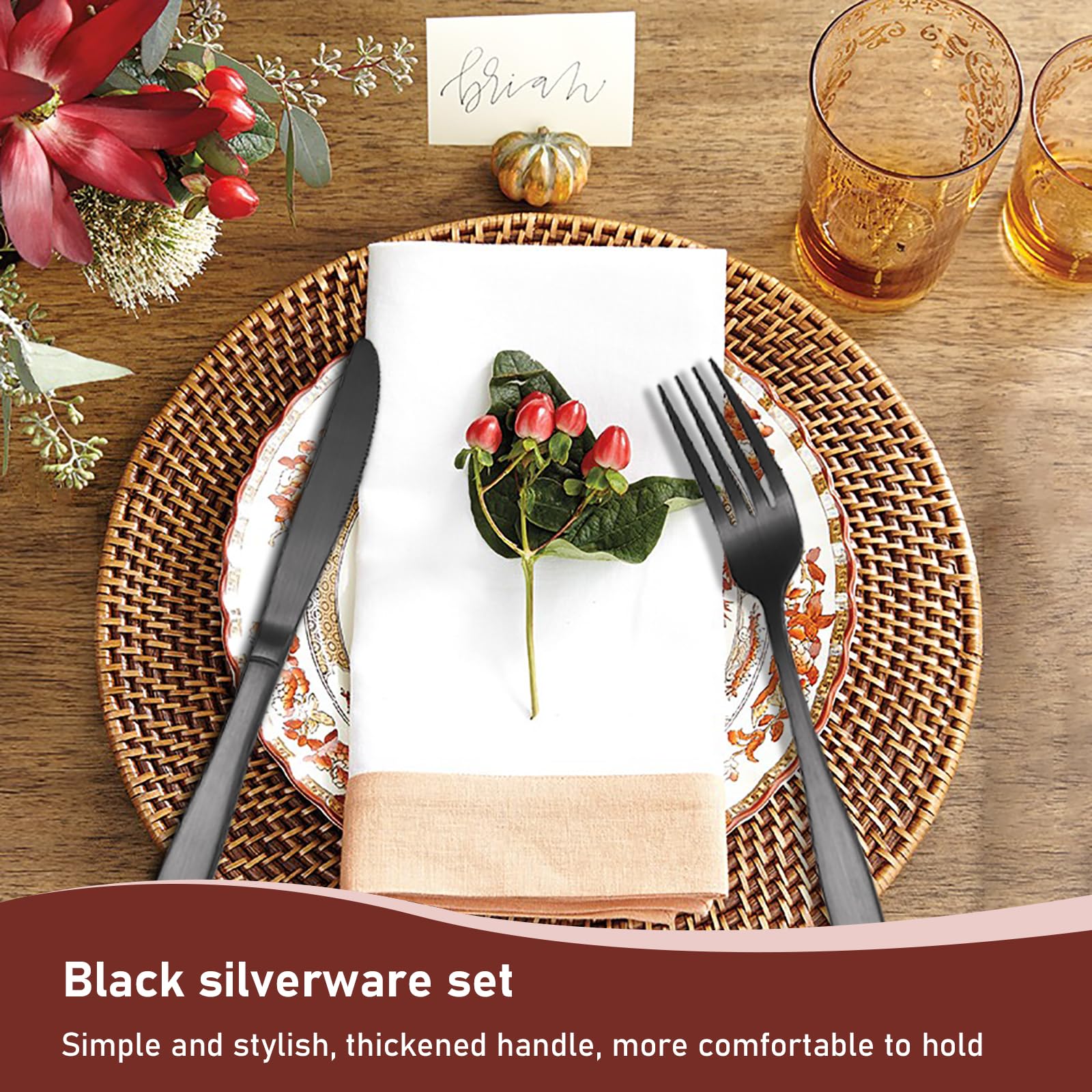 48-Piece Stainless Steel Flatware Set for 12 - Matte Black Silverware Cutlery Set with Knives, Spoons & Forks | Dishwasher Safe | Perfect for Home, Parties, Weddings & Restaurant Use