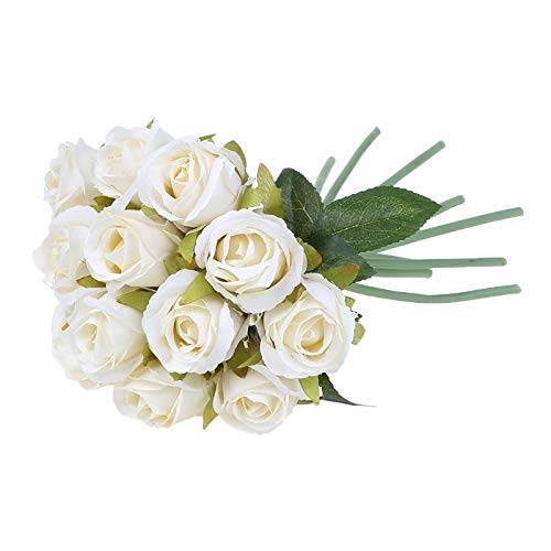 12 Heads Realistic Artificial Silk Rose Bouquet - White Fake Flowers for Wedding, Party, Home Decor & Indoor Accessories | Perfect for Centerpieces, Table Arrangements & DIY Crafts