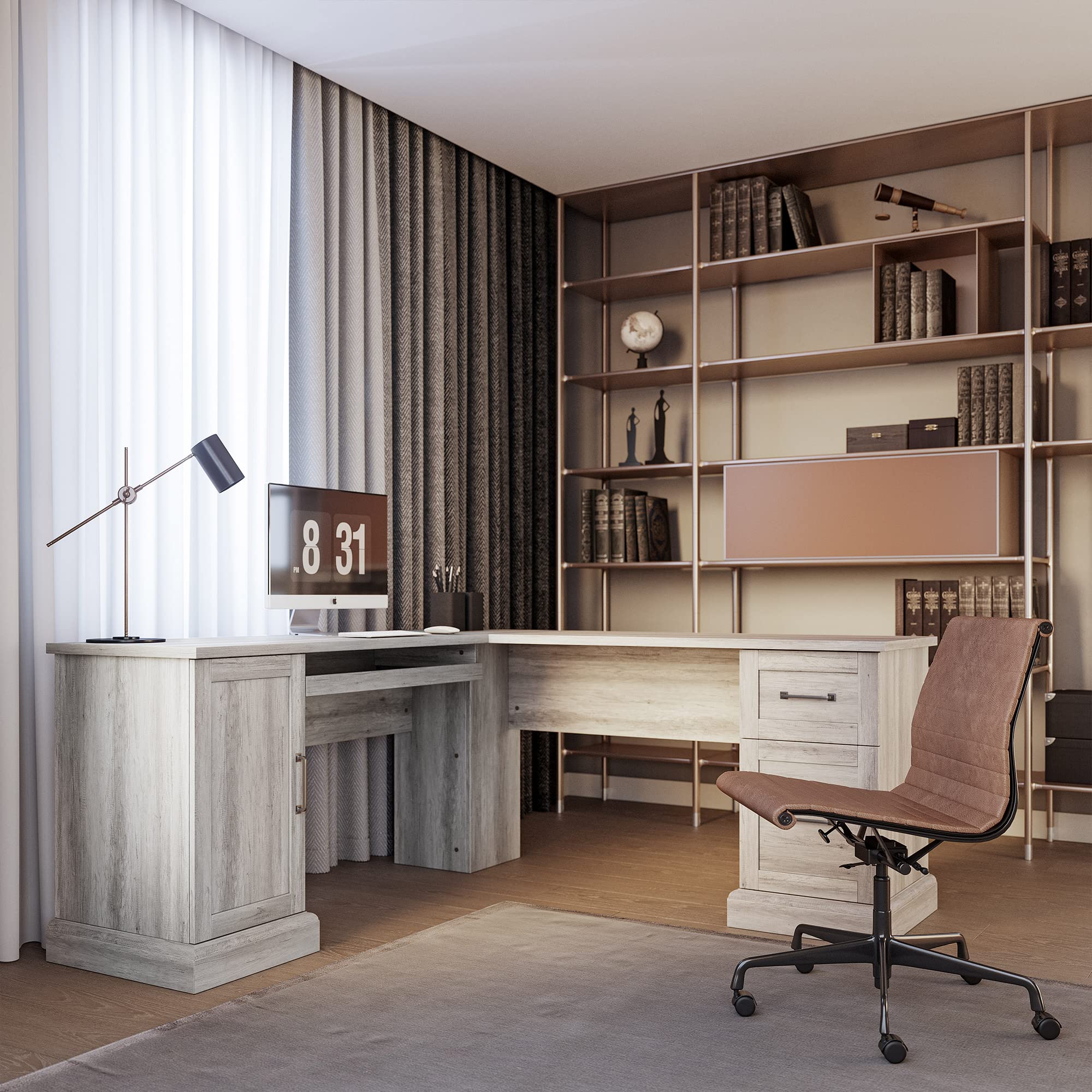 BELLEZE Modern L-Shaped Corner Desk for Home Office - Computer & Laptop Workstation with Keyboard Tray, 2 Drawers & Storage Cabinet - Gray Wash Finish | Perfect for Small Spaces, Gaming Setup & Remote Work