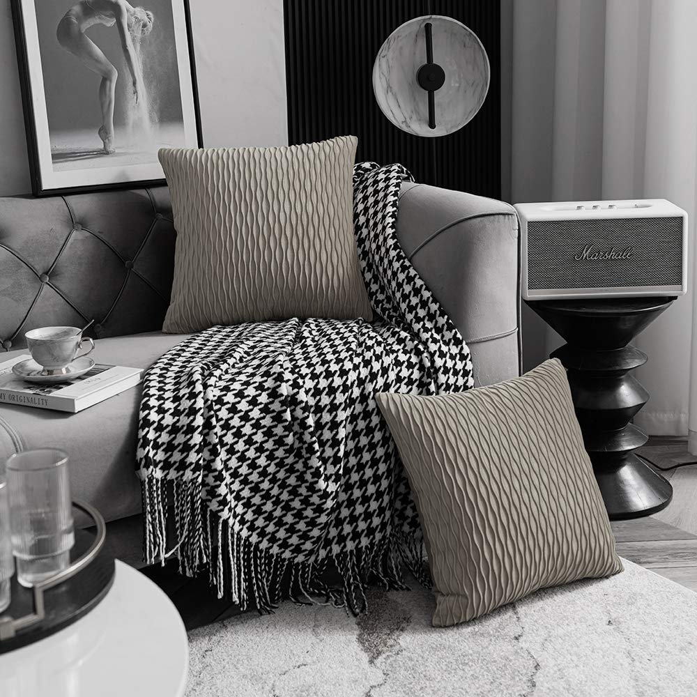 DEZENE 20x20 Inch Tan Velvet Throw Pillow Covers Set of 2 - Soft Striped Square Decorative Pillow Cases for Farmhouse, Living Room, Couch & Bedroom Decor