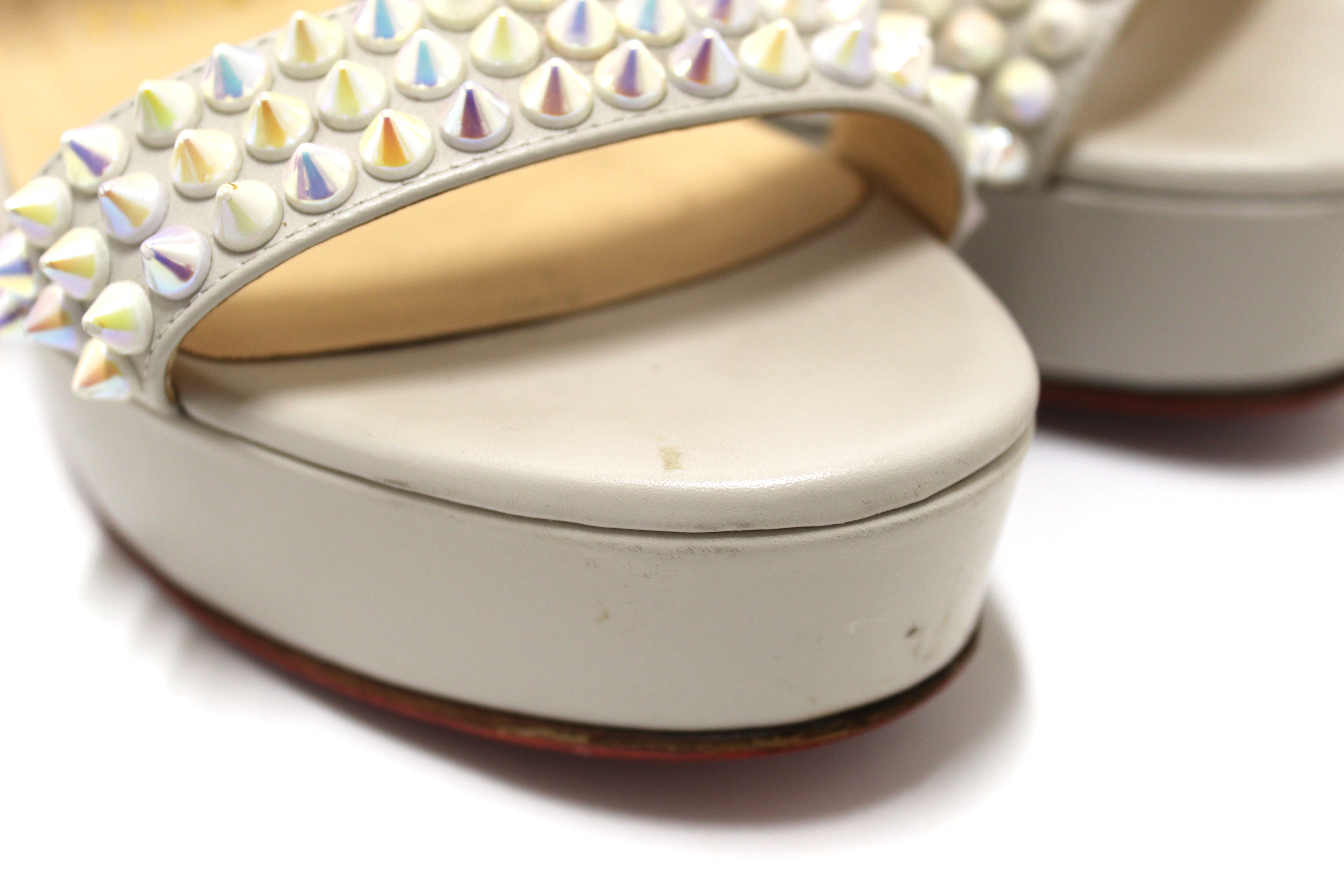 Authentic Christian Louboutin White Leather Cordorella Spikes Flatform Sandals Women's Size 37.5 - Perfect for Summer Weddings, Beach Vacations & Night Out Parties