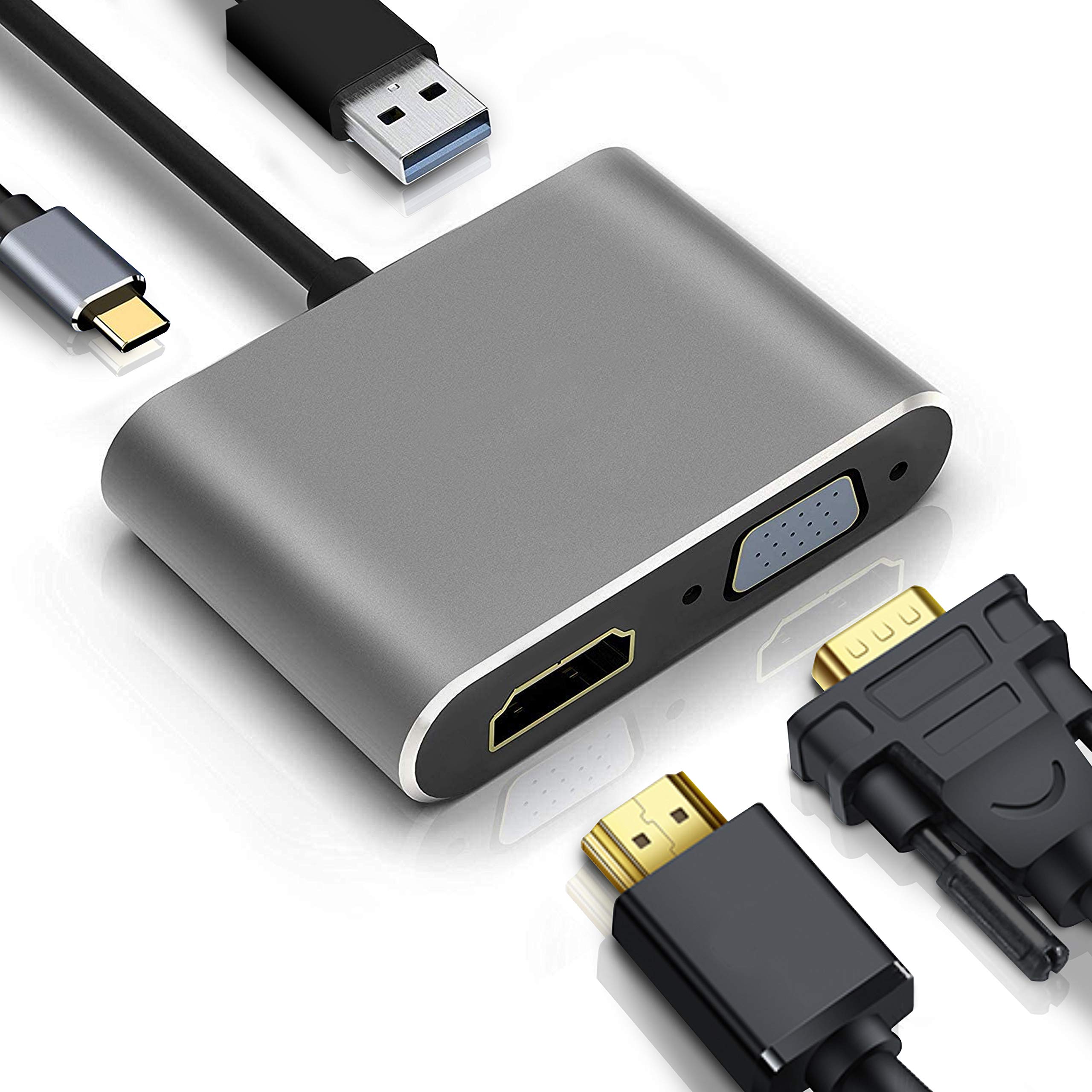 4-in-1 USB C Hub with HDMI 4K UHD, VGA, USB 3.0 & Quick Charge 3.1 - USB C to HDMI/VGA Adapter for MacBook Pro/Air, Laptops, Tablets & Phones - Perfect for Home Office, Online Meetings & Multi-Screen Work