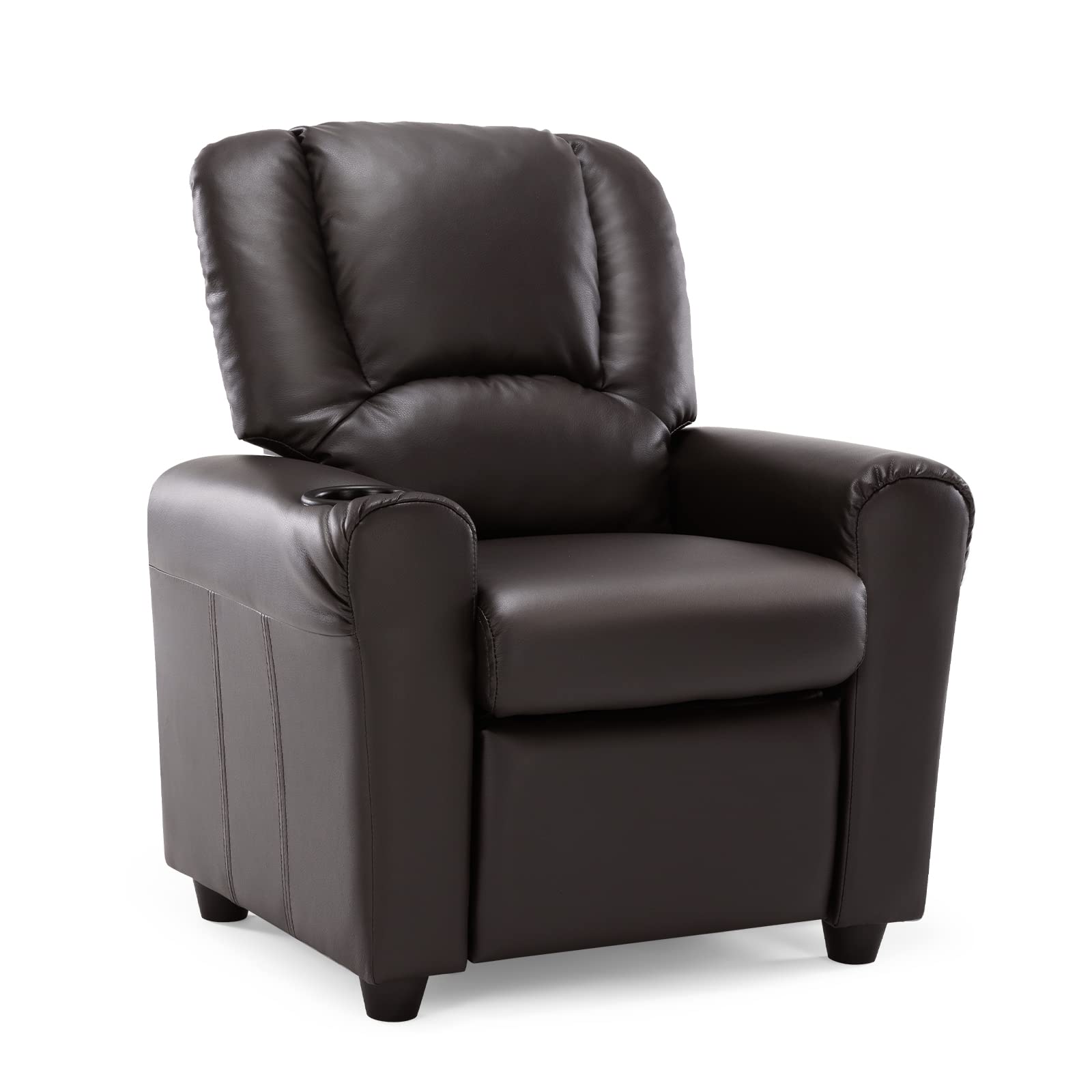 JC HOME Contemporary Leather Kids Recliner with Cup Holder & Headrest - Chocolate Brown Comfortable Chair for Children's Bedroom, Playroom & Reading Nook