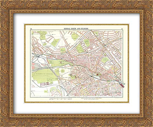 Bartholomew 17x15 Inch Gold Ornate Framed Double Matted Museum Art Print - Kensal Green Kilburn London UK Vintage Map 1921 - Perfect for Home Office Decor & Classic Interior Design