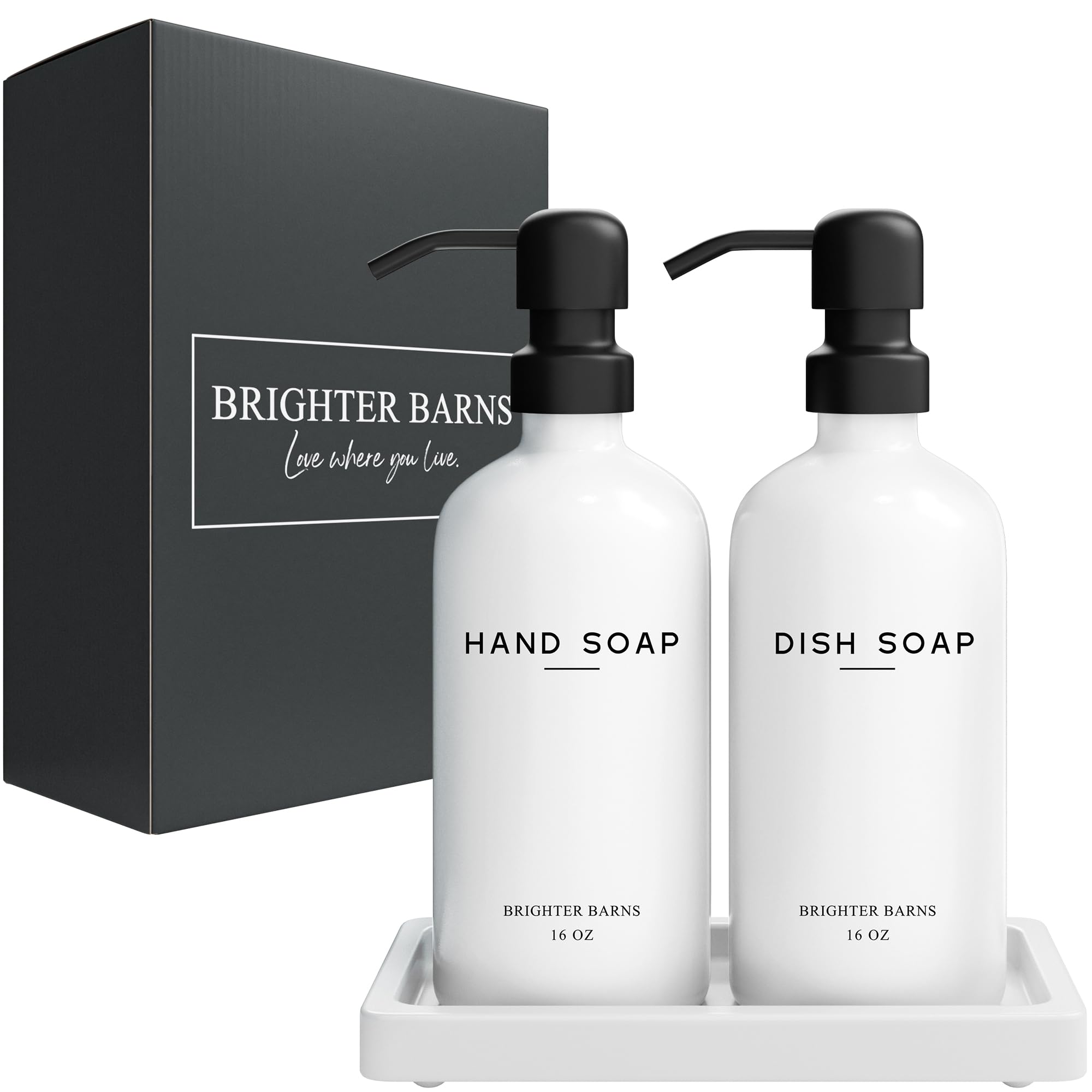 Brighter Barns White Glass Hand & Dish Soap Dispenser Set with Tray - Modern Kitchen Decor for Home, Vacation Rental & Restaurant Use - Elegant Soap Dispenser for Countertop Organization & Stylish Kitchen Accessories