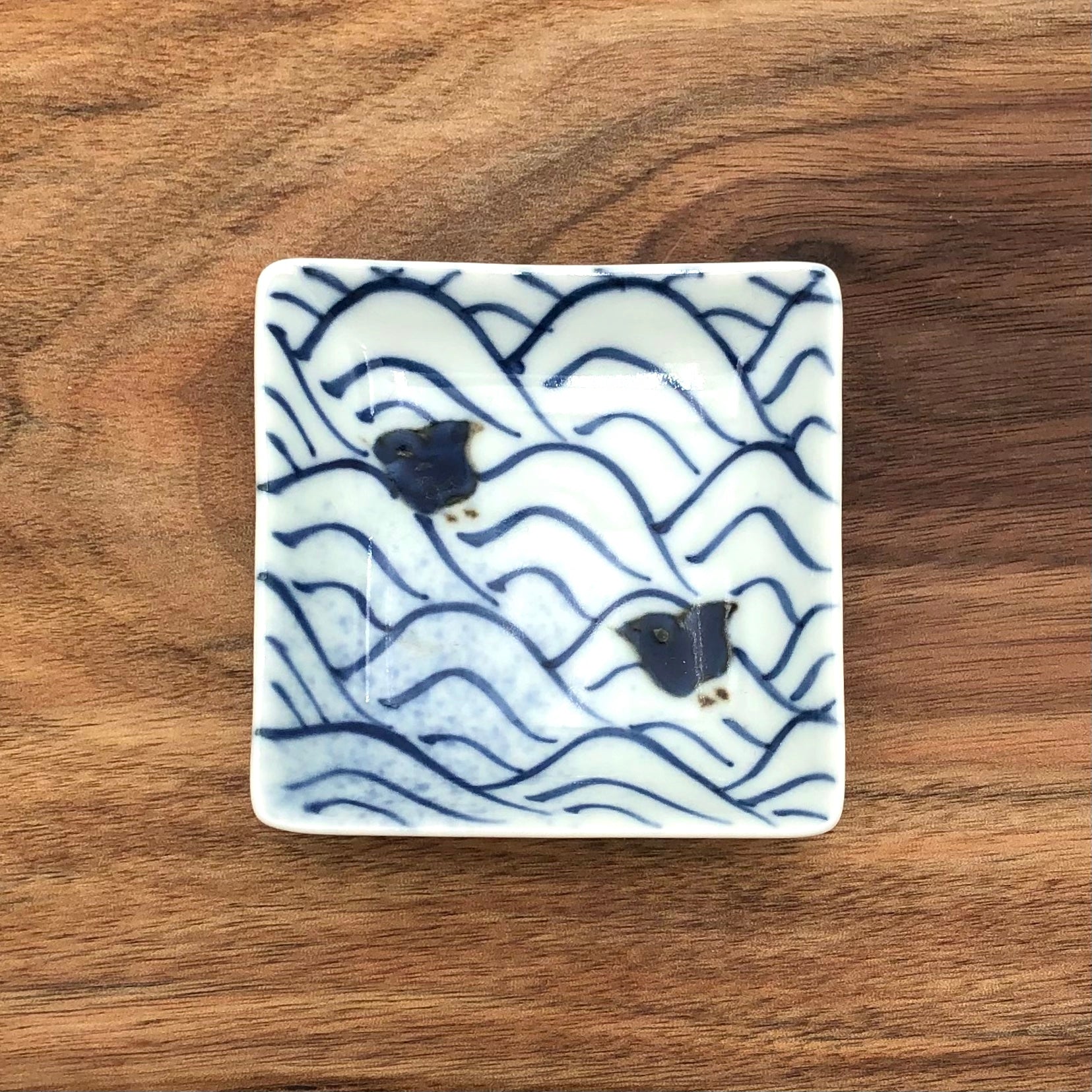 TRIPWARE Japan Square Painted Porcelain Soy Sauce Dish - Blue Chidori Birds Design - Perfect for Sushi, Asian Cuisine & Home Dining Decor
