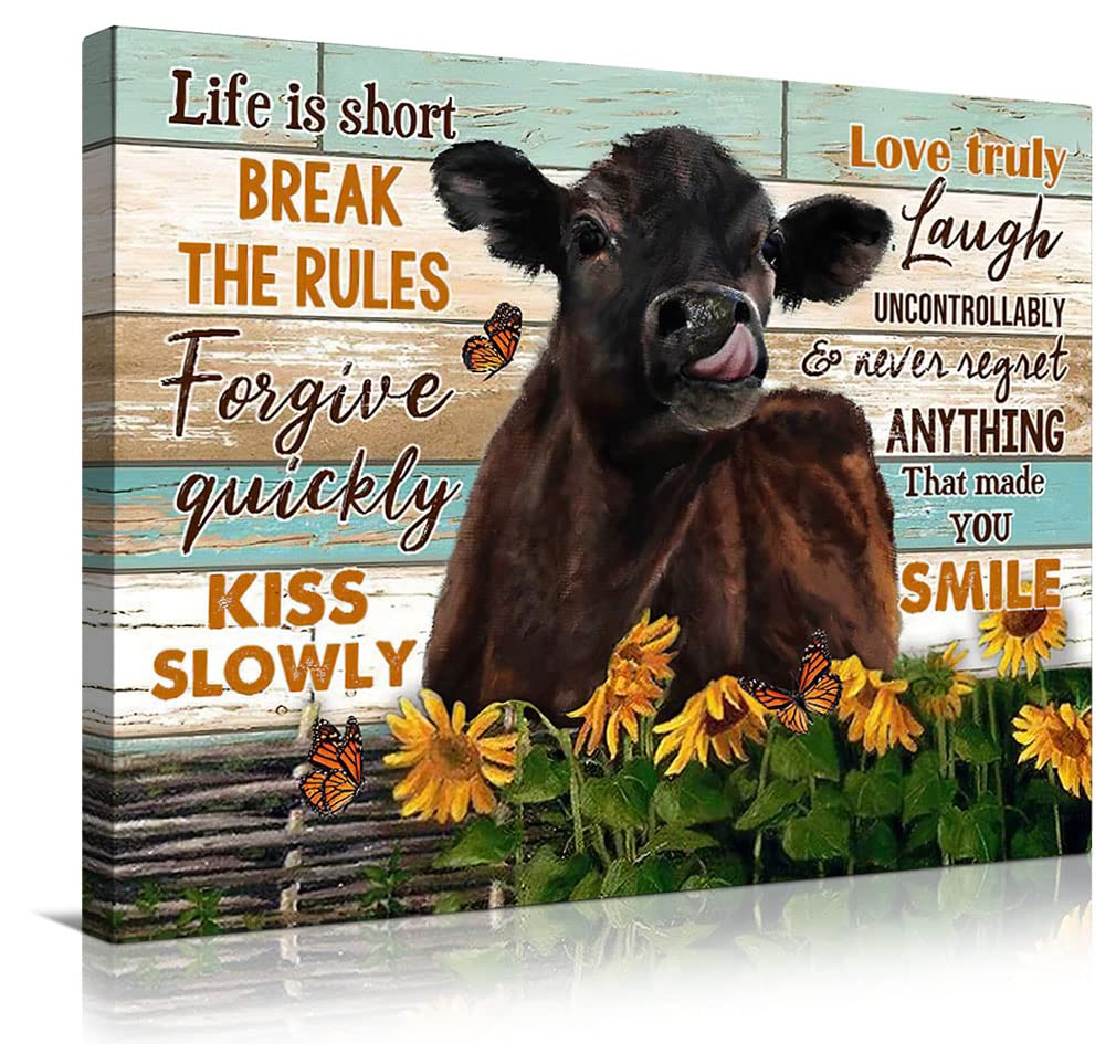 Rustic Farm Cow Wall Art - Inspirational Sunflower Canvas Print, Country Theme Painting for Home Decor | Perfect for Living Room, Bedroom & Farmhouse Style Interiors