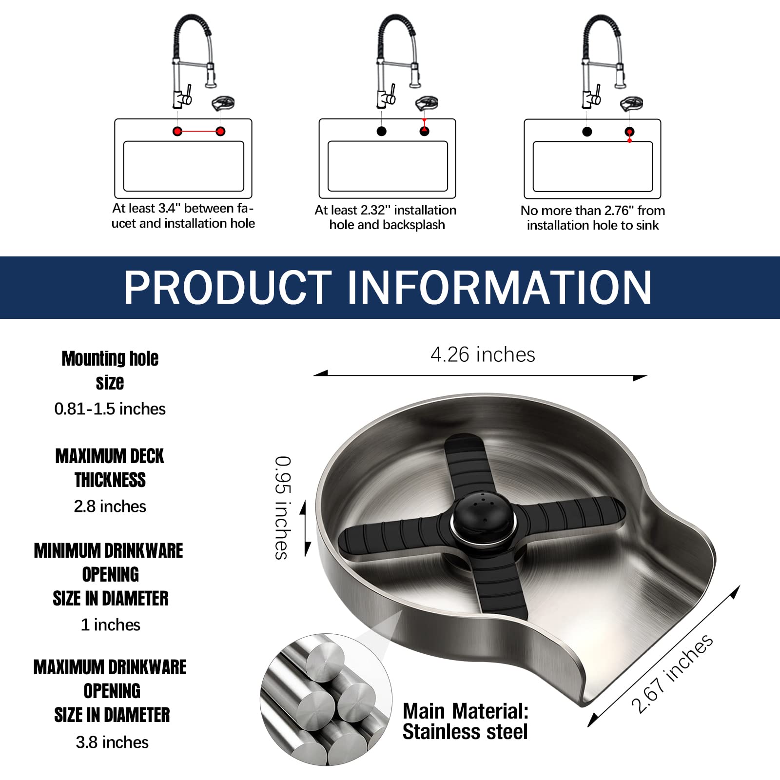 Premium Stainless Steel Glass Rinser & Bottle Washer for Kitchen Sinks - Brushed Nickel Finish | Ideal for Washing Wine Glasses, Baby Bottles & Kitchen Utensils | Durable Sink Accessory