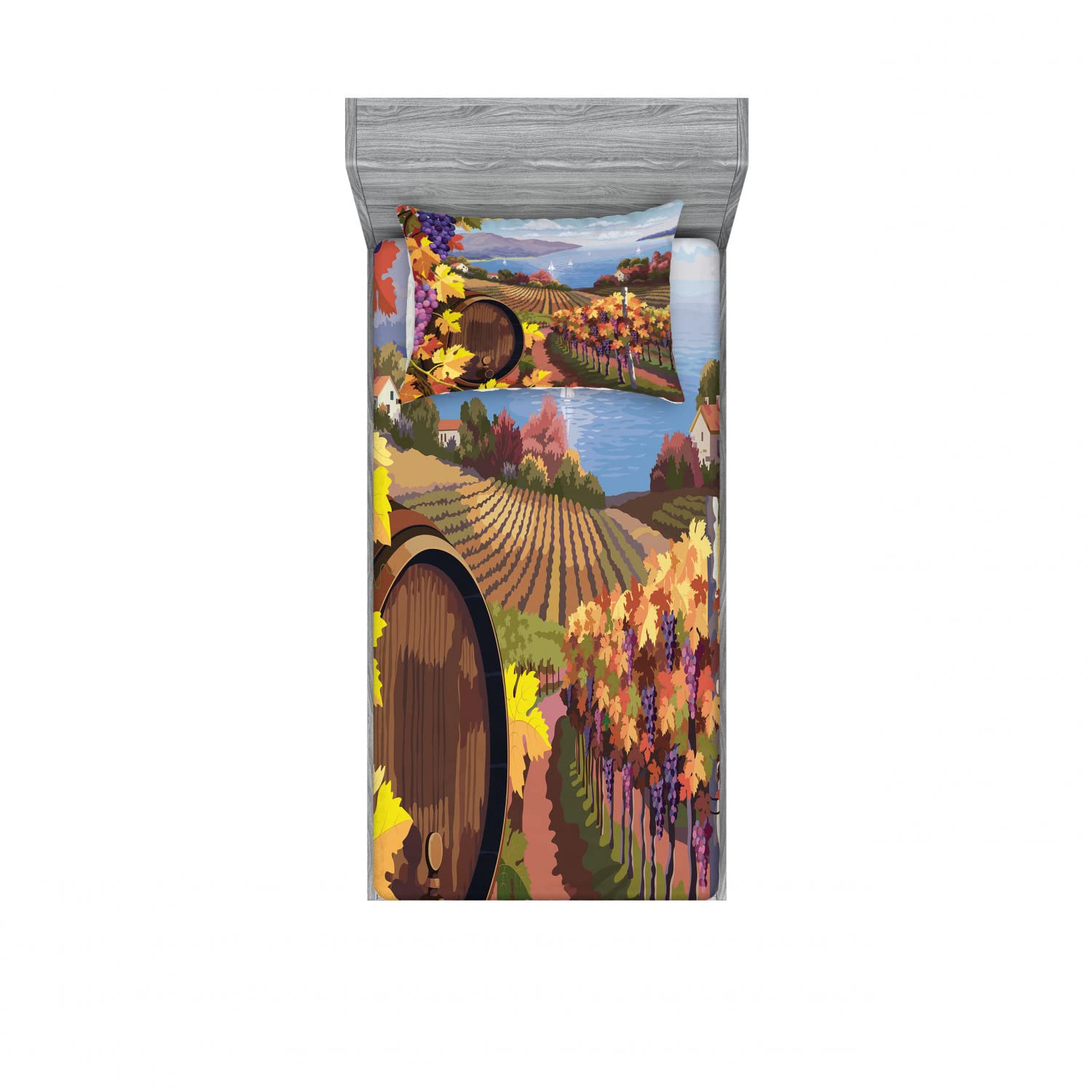 Ambesonne 2-Pack Twin Fitted Sheets & Pillow Sham Set - Cartoon Vineyard Grapes Design, Blue & Yellow 4-Piece Bedding Decor for Kids & Guest Rooms - Perfect for Themed Bedrooms, Dorm Rooms, and Cozy Home Decor