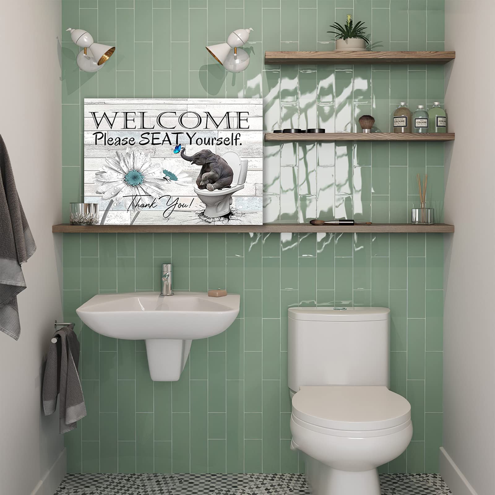 Elephant Bathroom Wall Art Canvas - Sunflower Elephant Sitting on Toilet Decor Painting Print, Framed Bathroom Sign 20