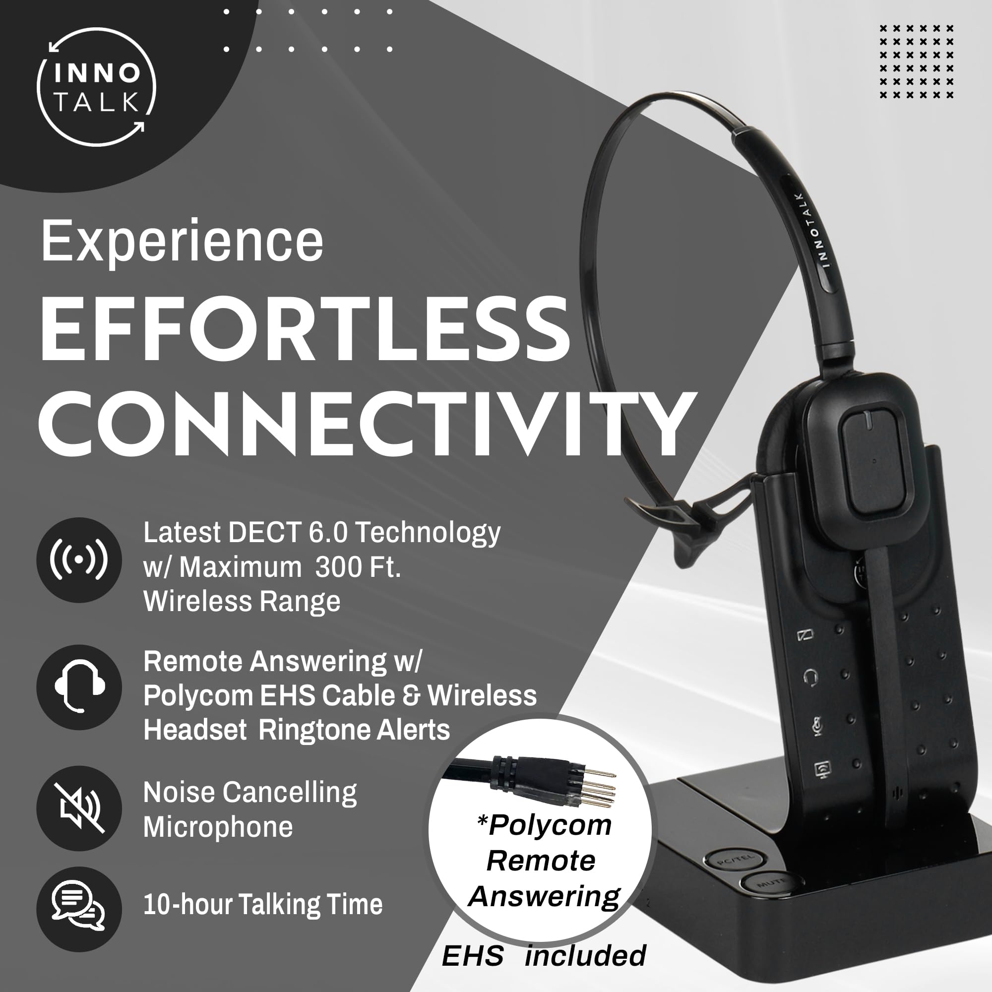 INNOTALK Wireless Headset for Polycom VVX Series (VVX150/250/350/450/500/600/1500) with EHS Remote Answering Cable - Office Desk Phone & Call Center Headset - Ideal for Business Calls, Remote Work, and Customer Service Teams