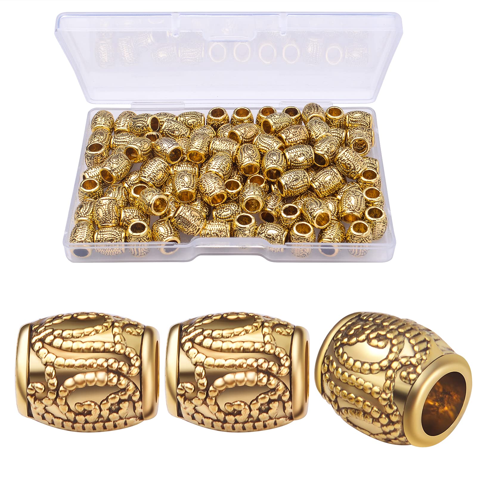 Metal Spacer Beads, 100pcs Large Hole Column Tube Beads for Jewelry Making, Loose Rondelle Alloy Tibetan Beads Charm Craft Supplies, Antique Gold 8x9mm with Plastic Box - DIY Bracelets, Necklaces, Earrings