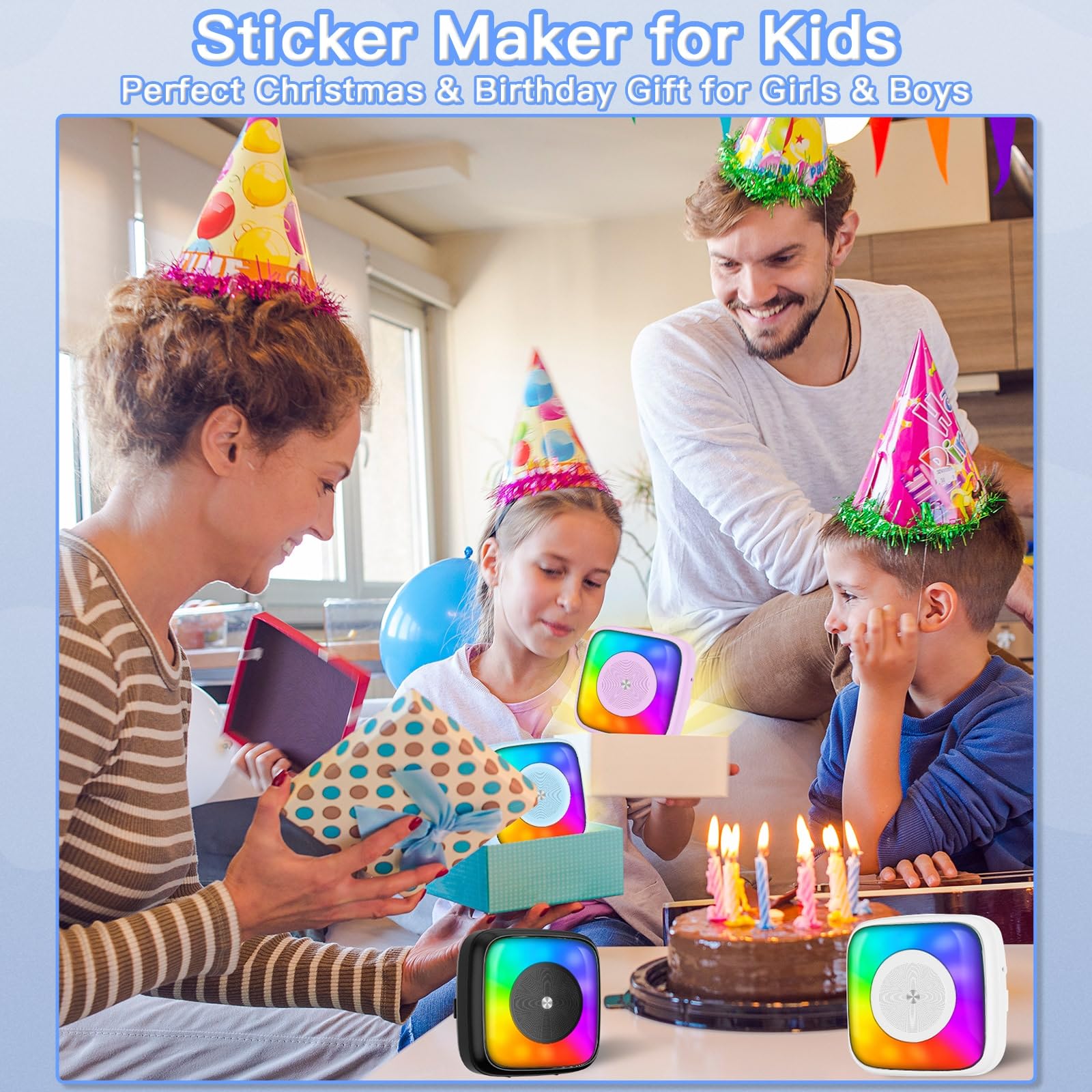 Mini Sticker Printer with 6 Rolls Paper - Portable Thermal Label Maker for DIY Scrapbooking, Travel Journal, Notes & Memos - 7 Color LED Light Modes - Wireless Bluetooth Compatible with iPhone & Android Phones (Perfect for Home Office, School Projects & Gift Wrapping)
