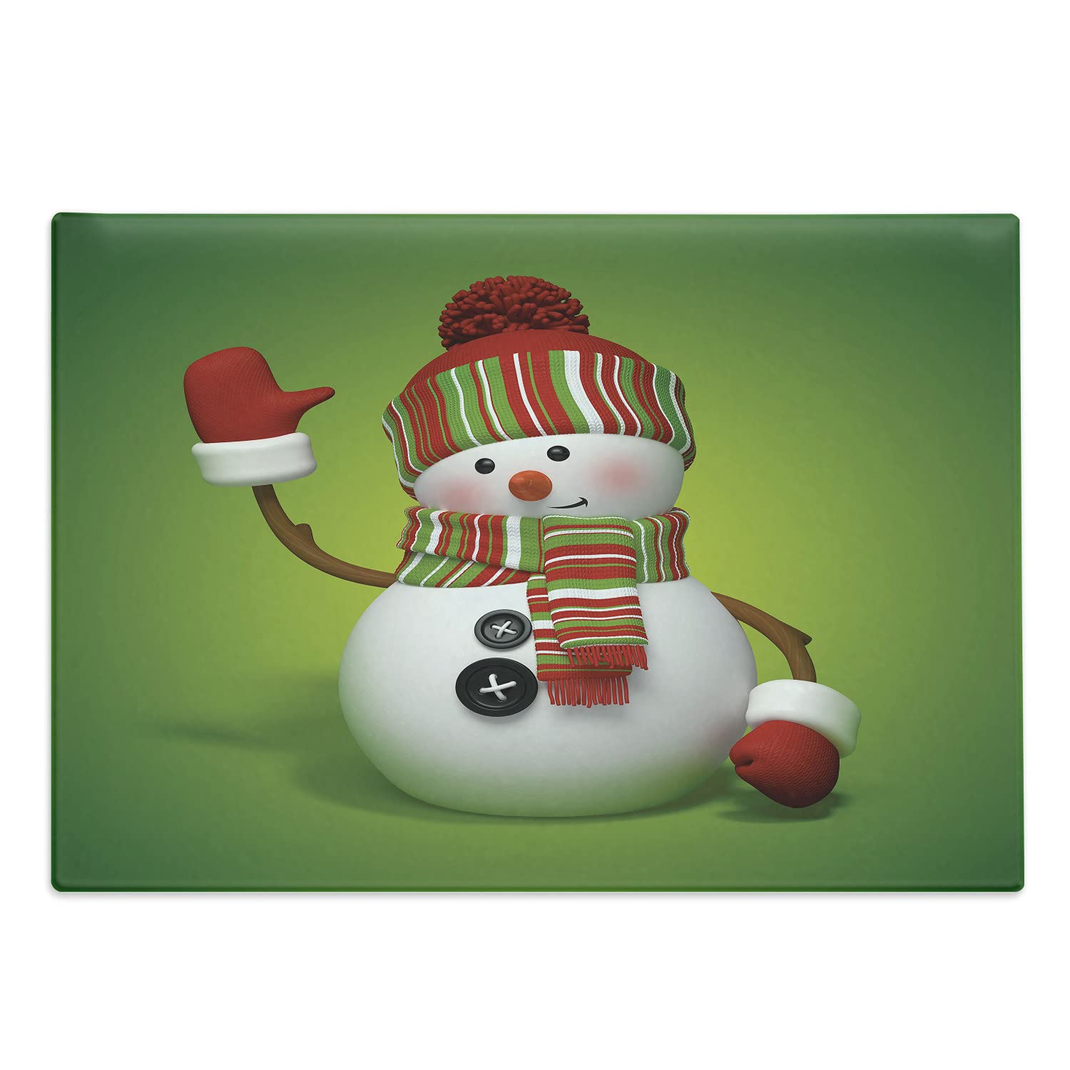 Ambesonne Snowman Themed 3D Decorative Tempered Glass Cutting Board - Large Size Holiday Serving Tray in Festive Green, Red & White Colors | Perfect for Christmas Celebrations, Kitchen Decor & Party Serving