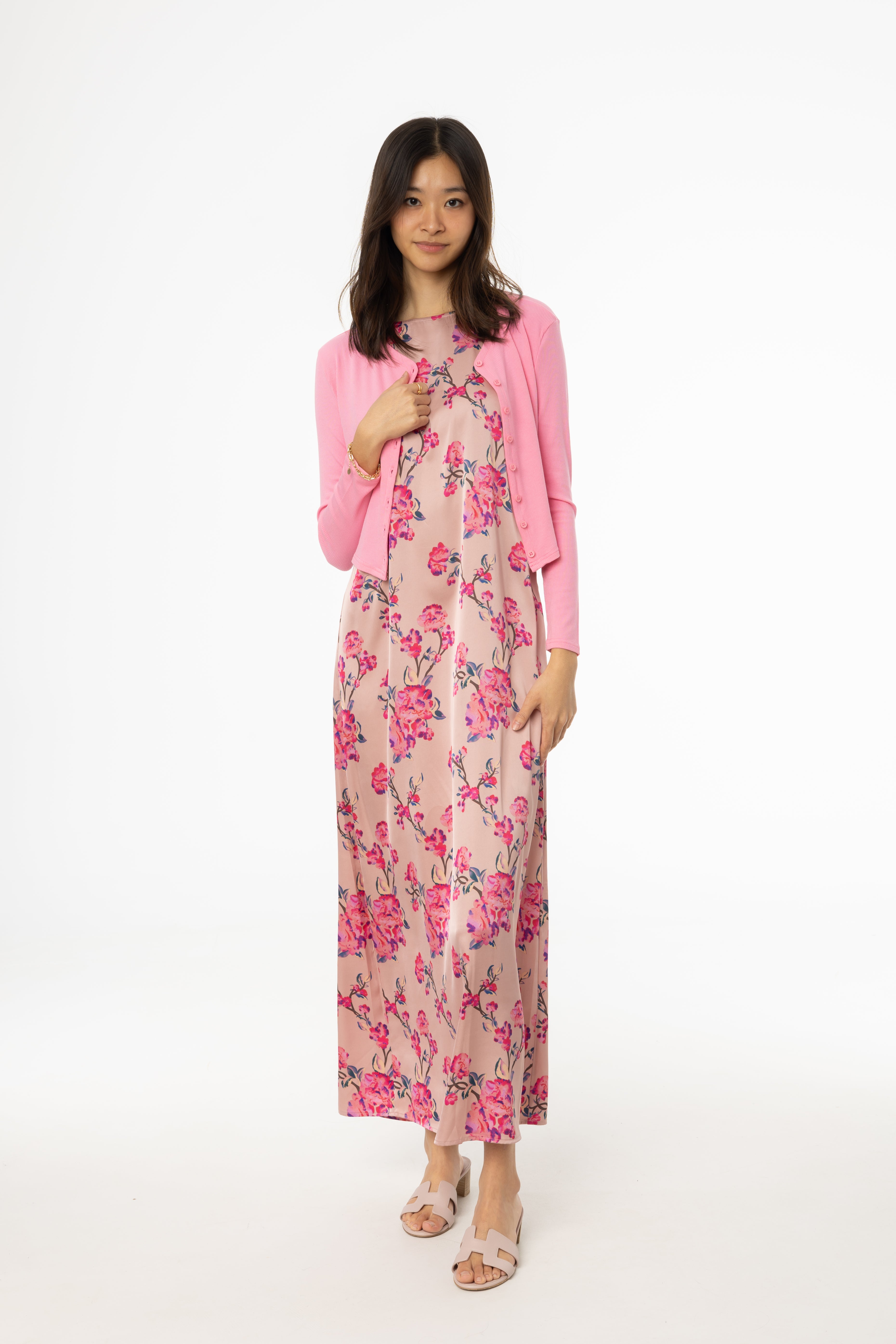 Pink Floral Printed A-Line Slip Jumper Dress for Women - Elegant Flowy Midi Dress for Spring, Summer, Wedding & Party Occasions