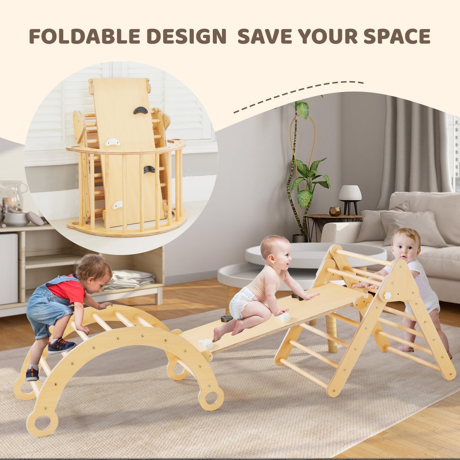Asweets 5-in-1 Foldable Pikler Triangle Set with Ramp & Arch Climber - Montessori Climbing Toy for Toddlers, Indoor Jungle Gym for Kids - Perfect for Playrooms, Daycares & Home Play Areas