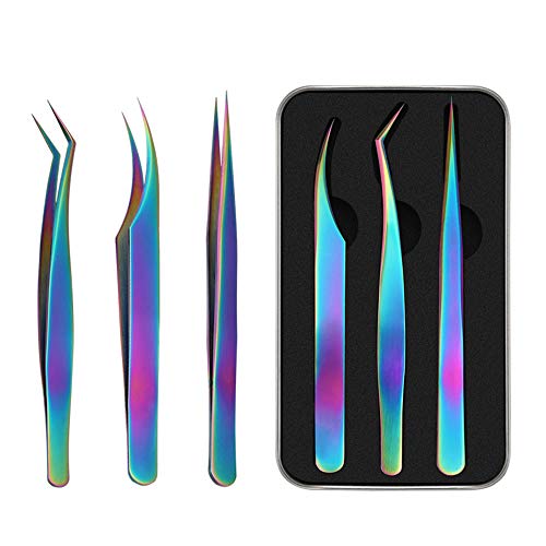 Anself 3-Piece Professional Eyelash Extension Tweezers Set - Premium Stainless Steel Lash Tweezers with Storage Case - Perfect for Salon, Home & Professional Makeup Artists