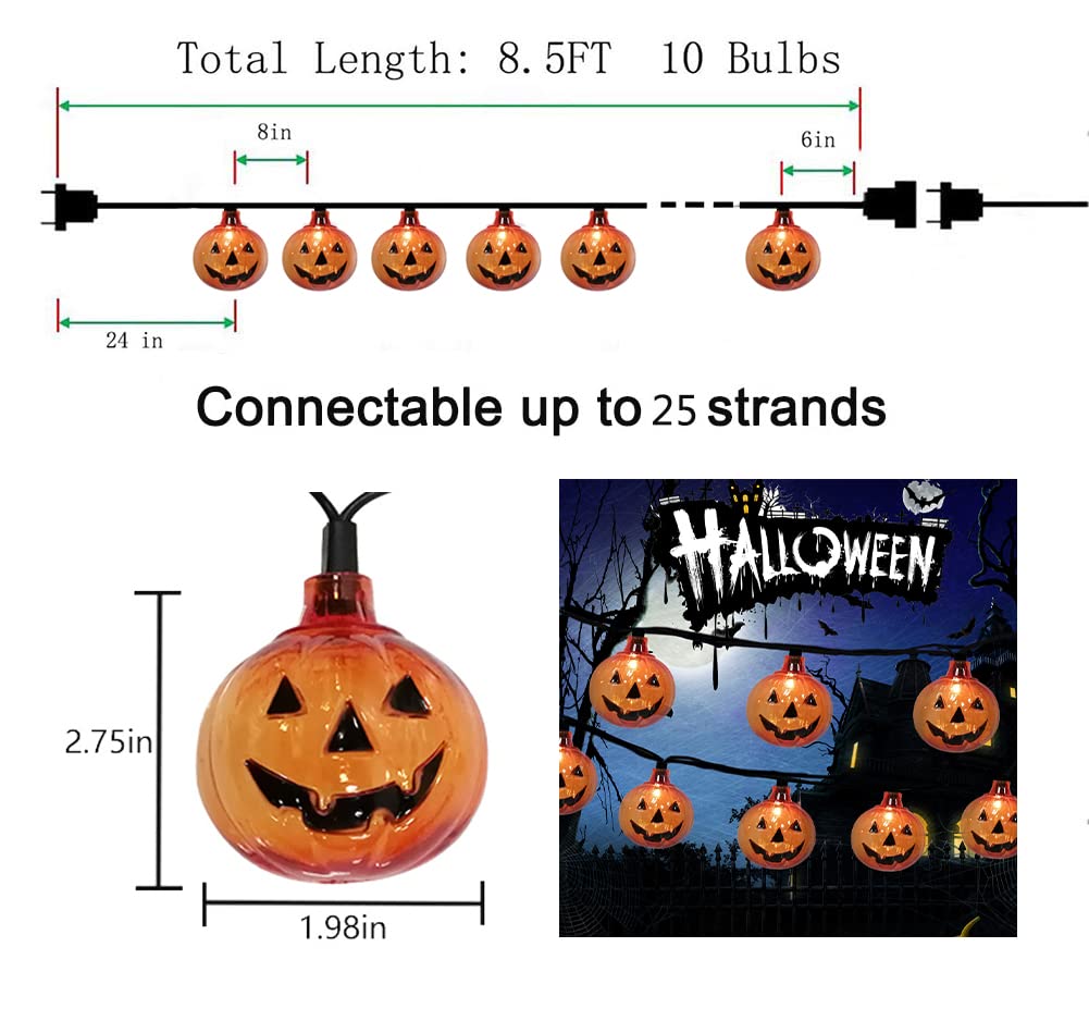 Halloween Pumpkin String Lights - 8.5Ft Outdoor/Indoor Decorative Lights with 10 LED Bulbs | Perfect for Halloween Party, Home, Yard, and Porch Decorations