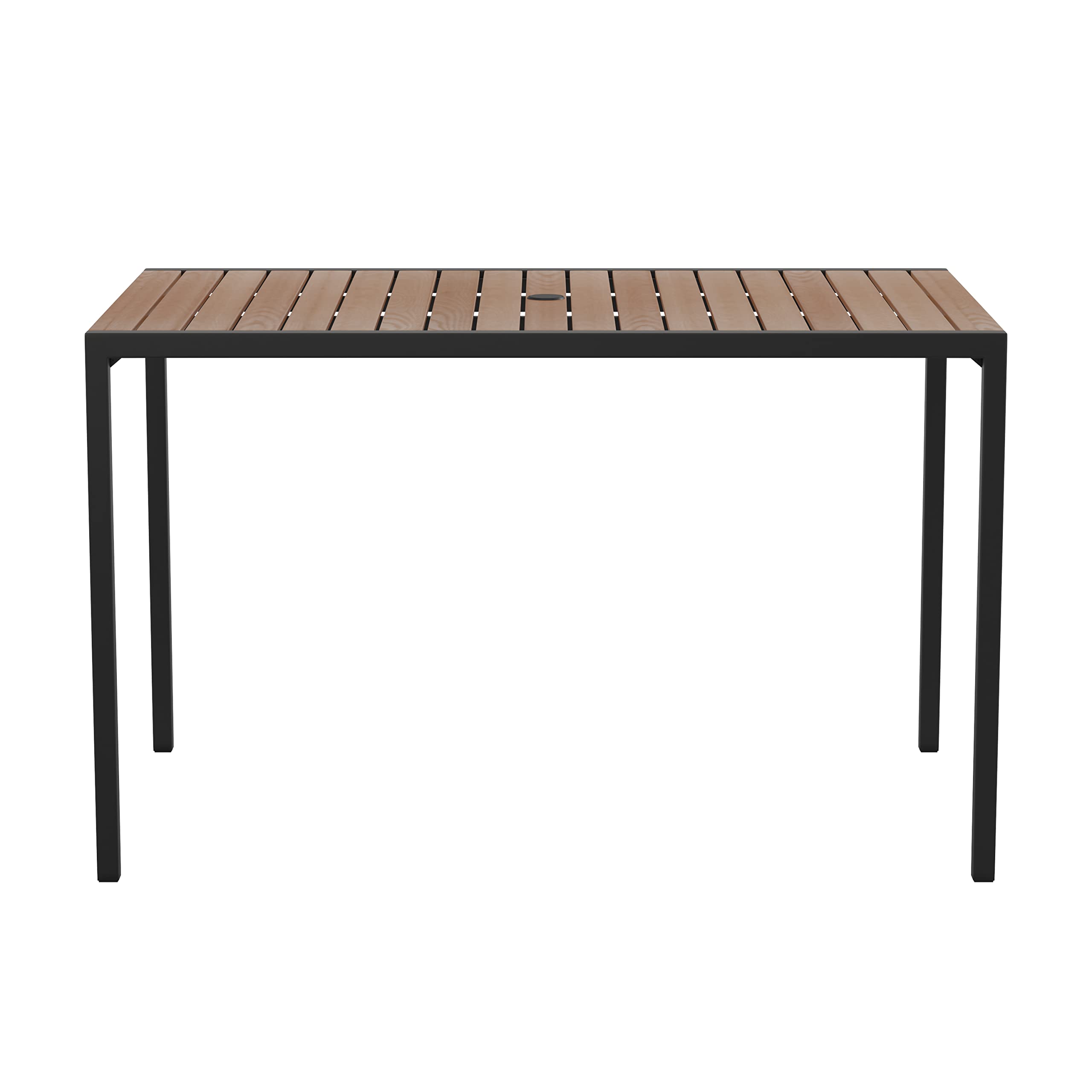 EMMA + OLIVER 30x48 Inch Outdoor Steel Dining Table with Umbrella Hole - Weather-Resistant Faux Teak Poly Slatted Top & Black Frame - Patio Furniture for 4 Adults - Perfect for Backyard, Deck, Poolside Dining
