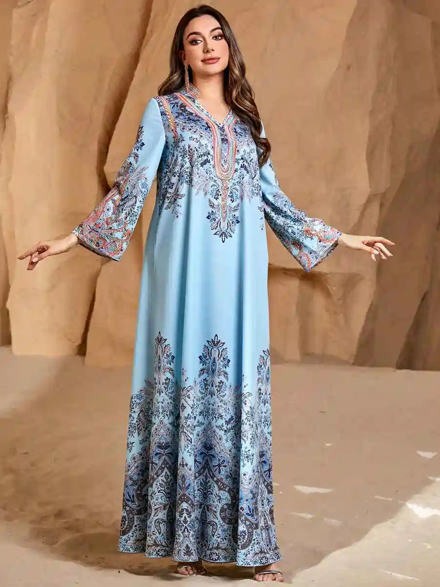 Elegant Printed Eid Dress - Flowy Caftan Kaftan Jalabiya for Women - Islamic Holiday Outfit #254288 | Perfect for Eid Celebrations, Weddings & Special Occasions