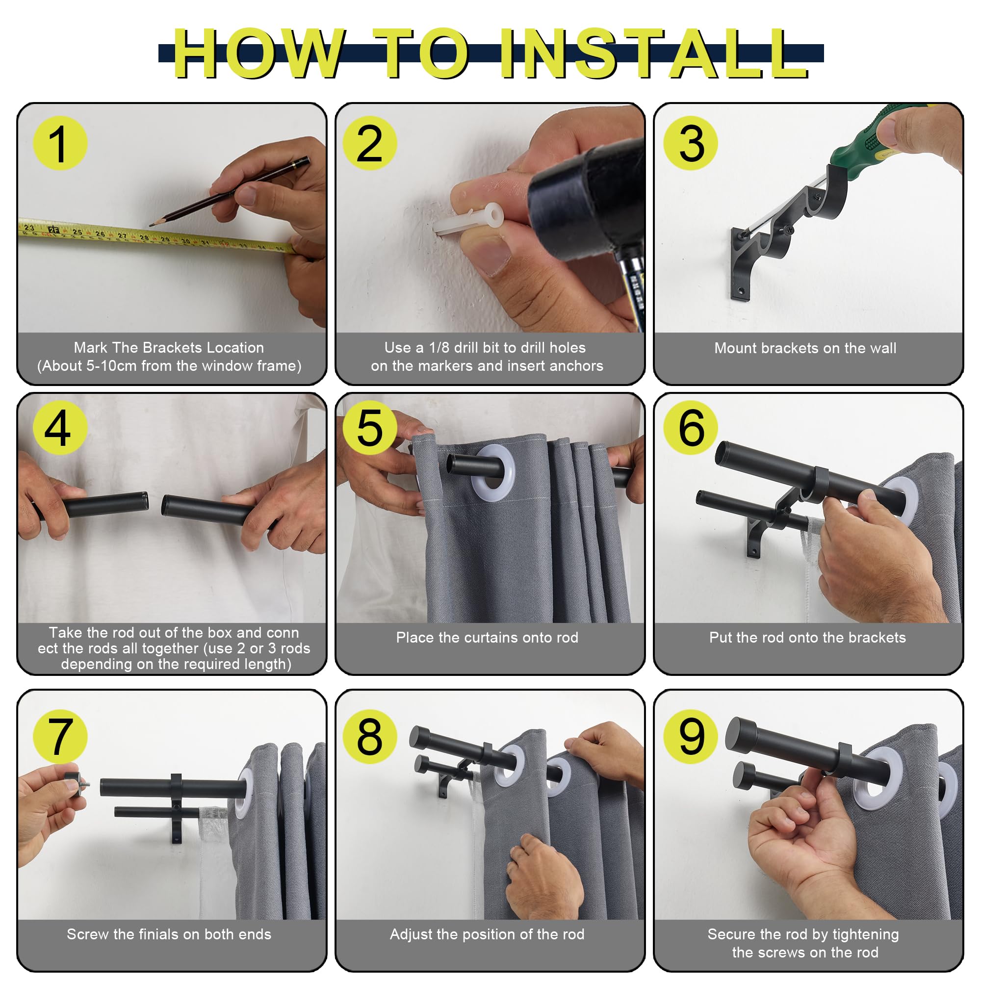 72-144 Inch Adjustable Double Curtain Rod Set - 1'' Front & 5/8'' Back Drapery Rod with Premium Aluminum Brackets & Finials - Matte Black Window Treatment for Living Room, Bedroom, or Office