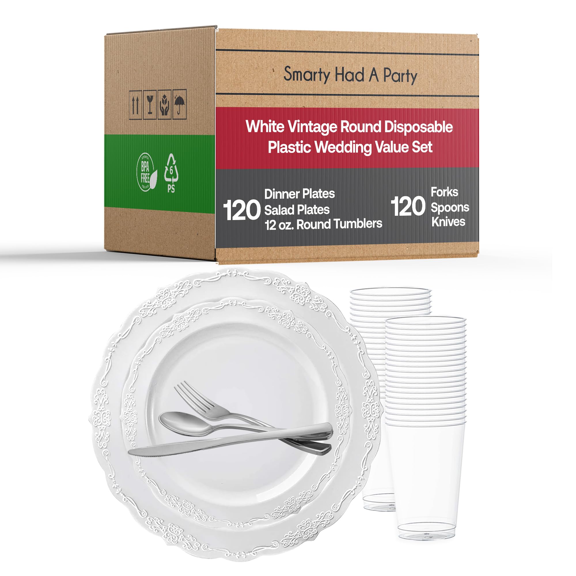 Elegant Plastic Plates Wedding Value Set for 120 Guests - White & Silver Disposable Dinnerware with Silverware & Clear Cups | Smarty Had A Party | Perfect for Weddings, Bridal Showers & Formal Events