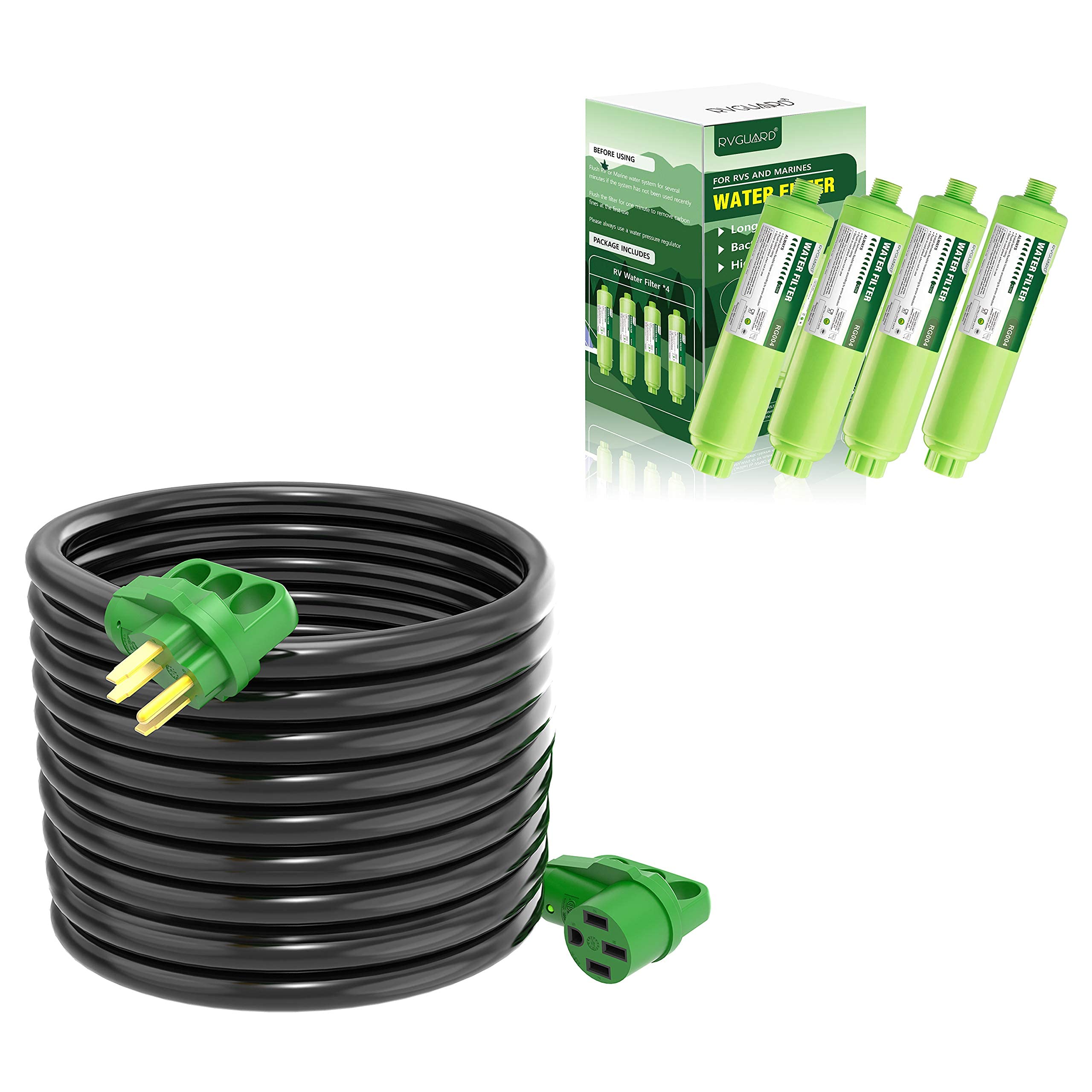 RVGUARD 50 Amp 50 Feet RV/EV Power Extension Cord with RV Inline Water Filter 4 Pack - Heavy Duty Outdoor Power Cord for Camping, RV Parks & EV Charging Stations