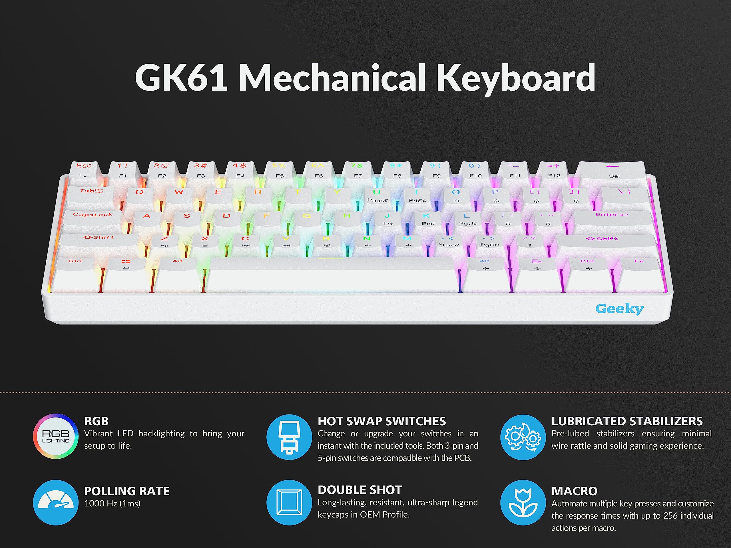 Geeky GK61 60% Hot Swappable Mechanical Gaming Keyboard - 61 Key RGB Backlit with ANSI US Layout (White, Blue Switch) for PC & Mac Gamers | Perfect for Esports, Coding & Office Work