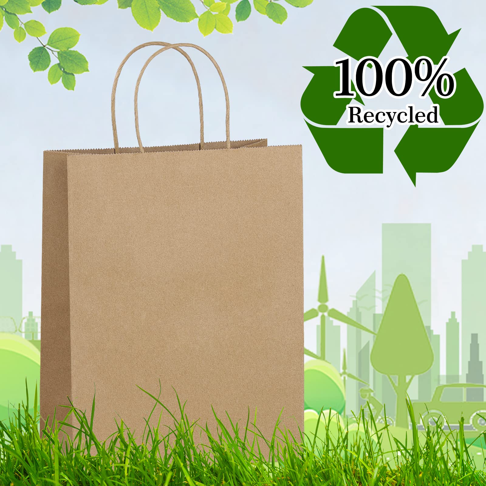 Eupako 100-Pack 8x4.25x10.5 Inch Brown Kraft Paper Gift Bags with Handles - Bulk Shopping Bags for Retail, Party Favors, Wedding, Birthday & Merchandise Packaging | Eco-Friendly & Durable