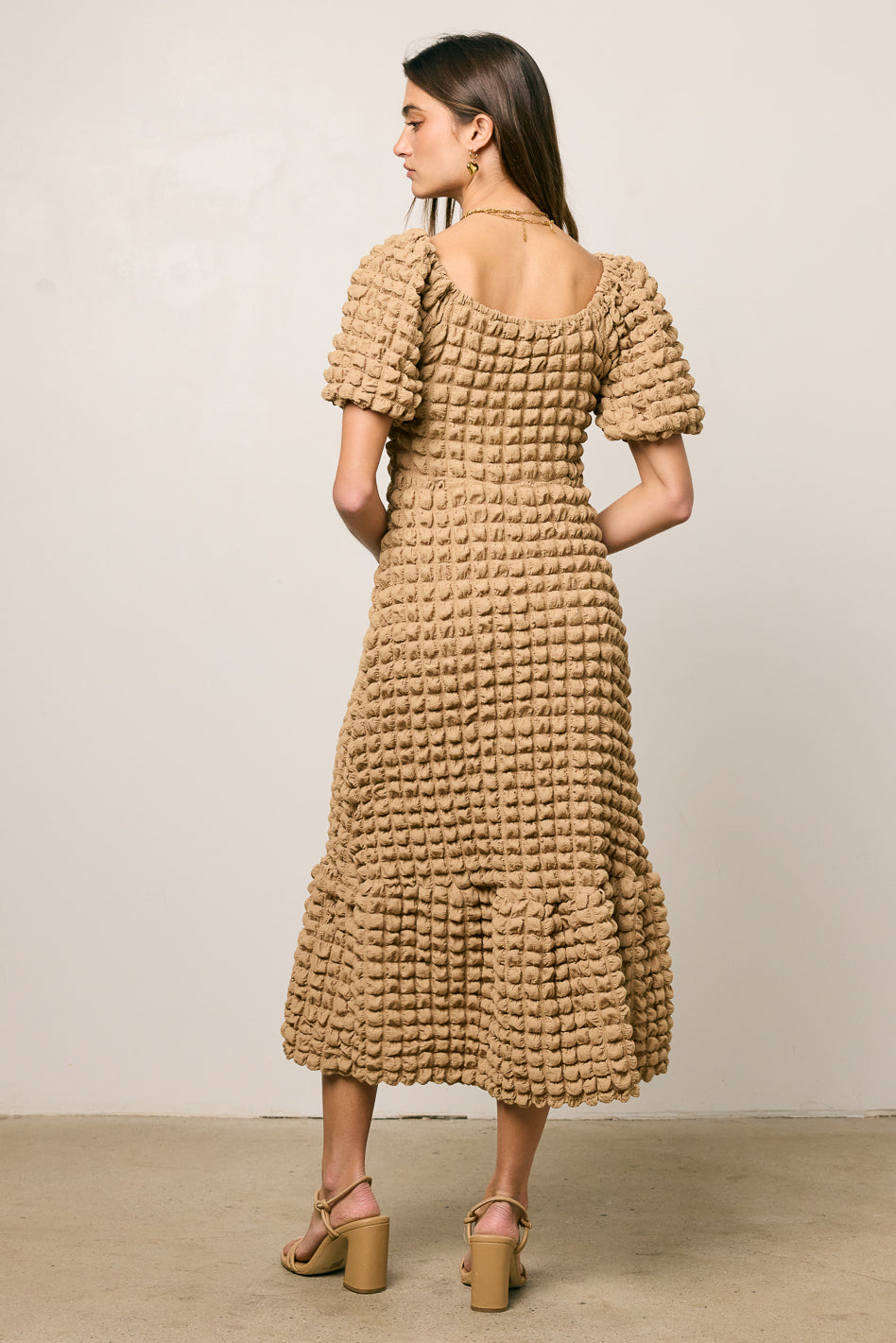 Stylish Miley Bubble Texture Dress in Tan - Women's Fashion Trendy Outfit for Casual Wear, Parties & Special Occasions
