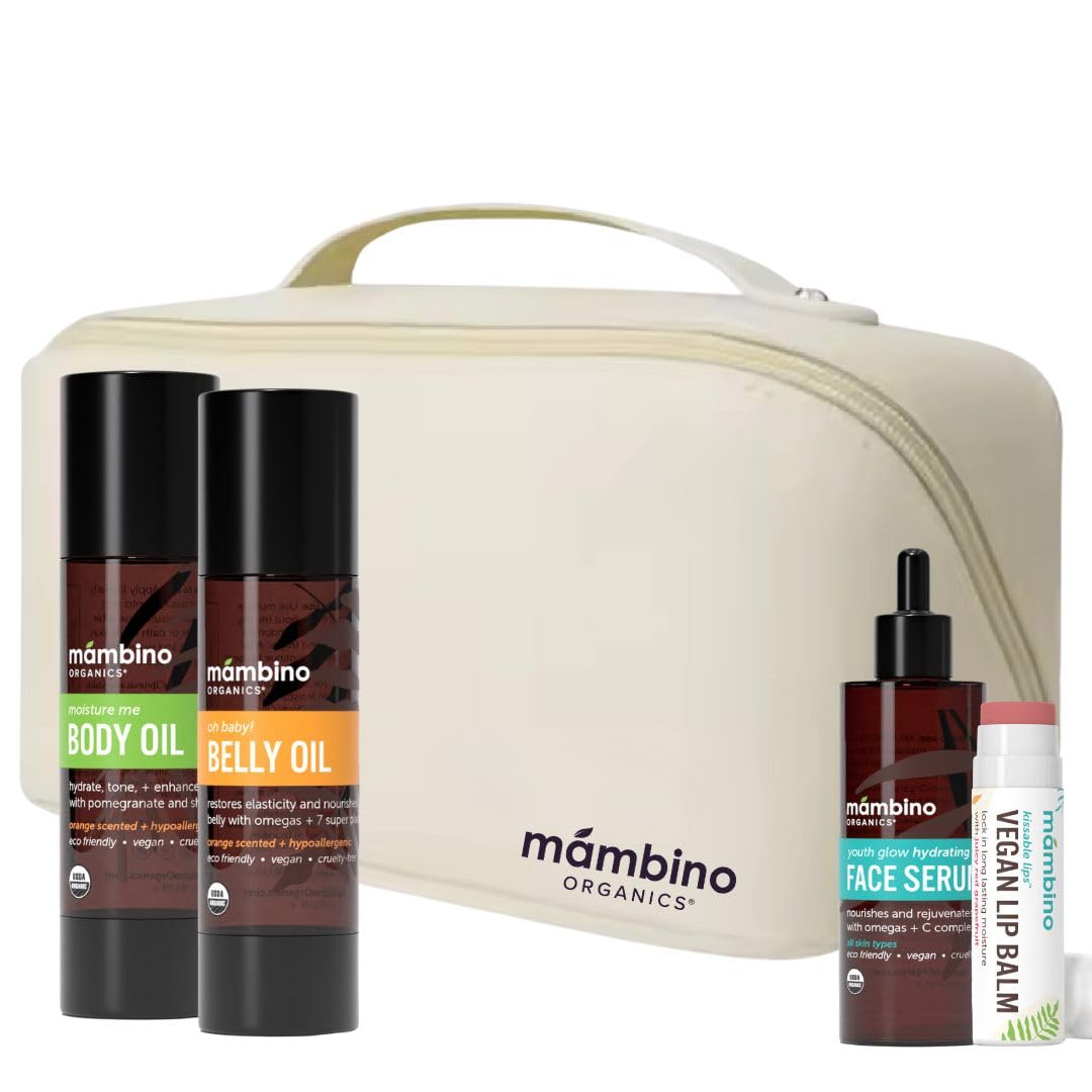 Mambino Organics Pregnancy Skincare Gift Set - All Natural Anti-Stretch Mark Cream, Body Moisturizer & Lip Balm for Expecting Moms - Perfect First Time Mother's Gift with Free Tote Bag | Prenatal Care, Baby Shower Present, Self-Care Routine During Pregnancy