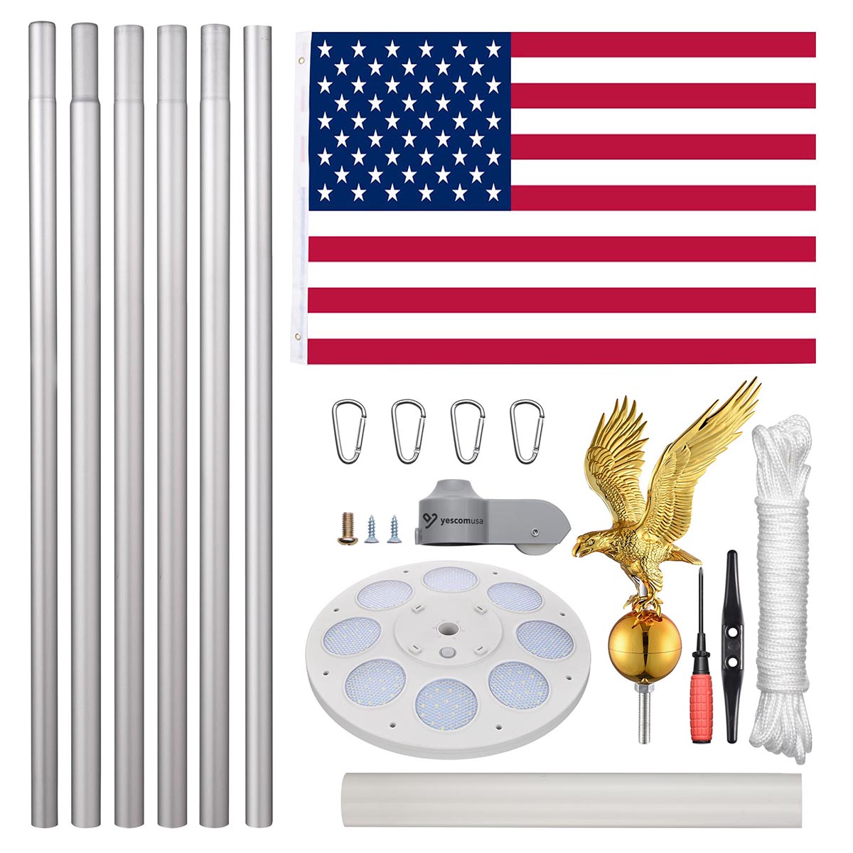 20ft Aluminum Flagpole with LED Light & Eagle Topper - Heavy Duty Outdoor Flag Pole for Residential & Commercial Use - Perfect for Patriotic Displays, Gardens, and Events