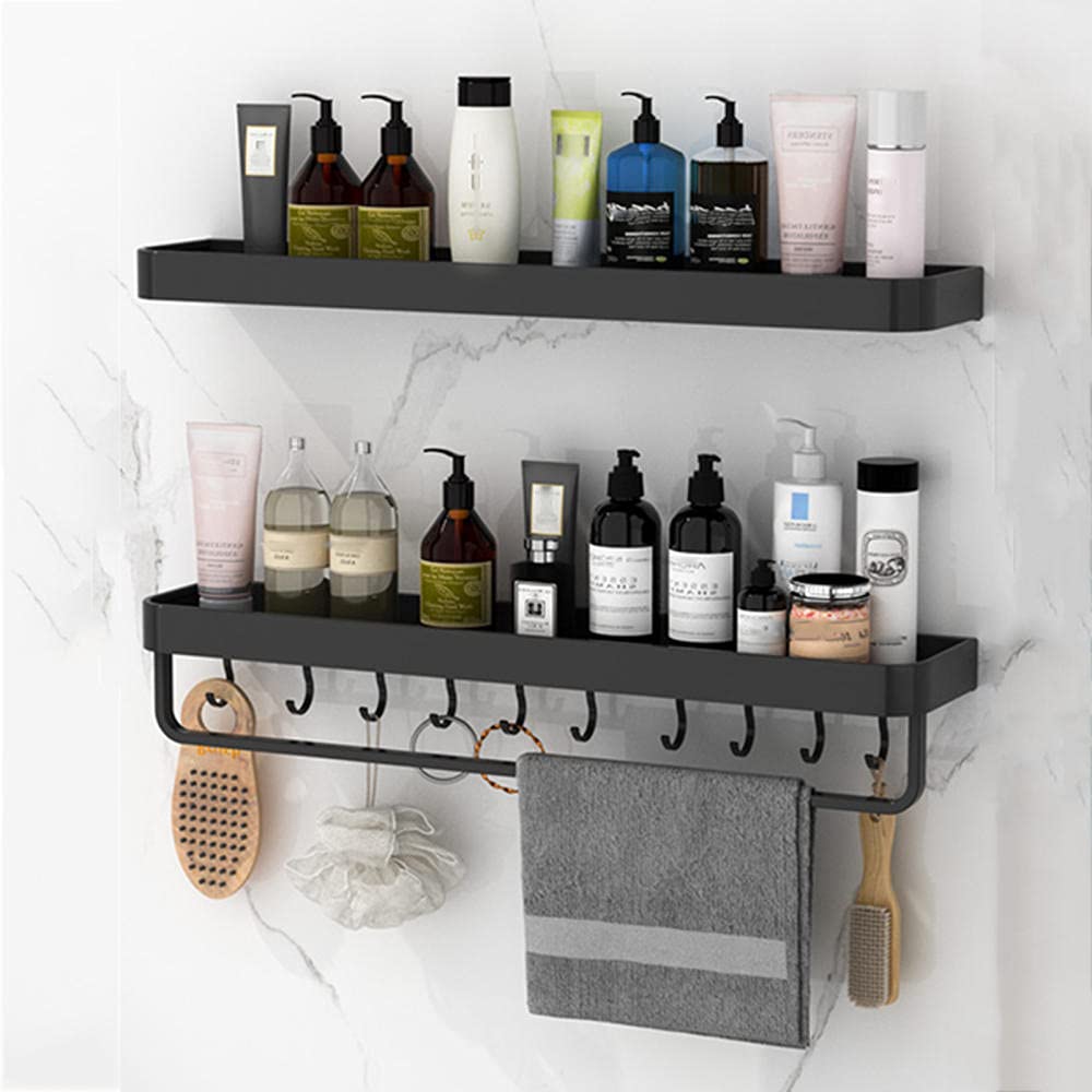 Black Shower Caddy - No Drill Bathroom Organizer with Self-Adhesive Wall Mount, 2-Tier Aluminum Shelf for Shower & Kitchen (60cm) - Perfect for Small Bathrooms & Apartment Living