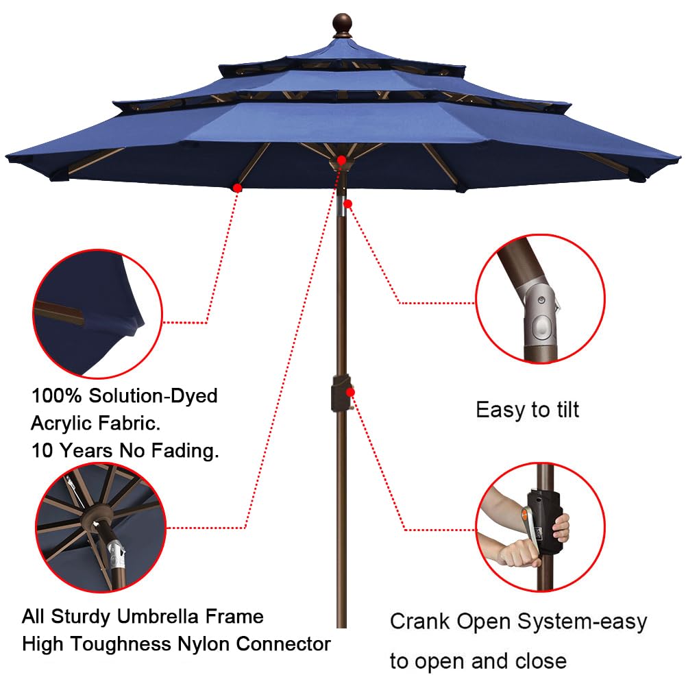 EliteShade USA 10-Year Fade-Resistant 9Ft 3-Tier Patio Umbrella with Ventilation - Navy Blue Outdoor Market Umbrella for Dining Table, Poolside, and Beach Use