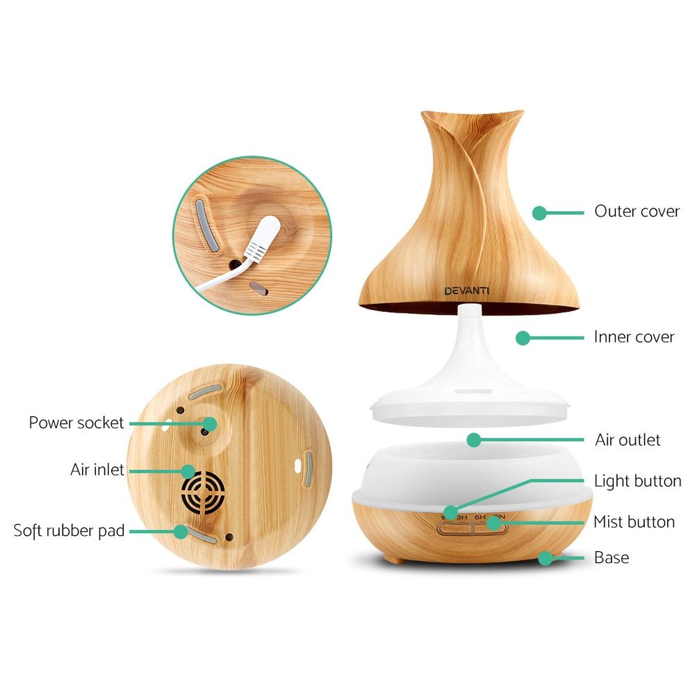 Devanti 400ml 4-in-1 Aroma Essential Oil Diffuser with Remote Control & Wood Grain Design - Perfect for Home, Office, Yoga, and Spa Relaxation