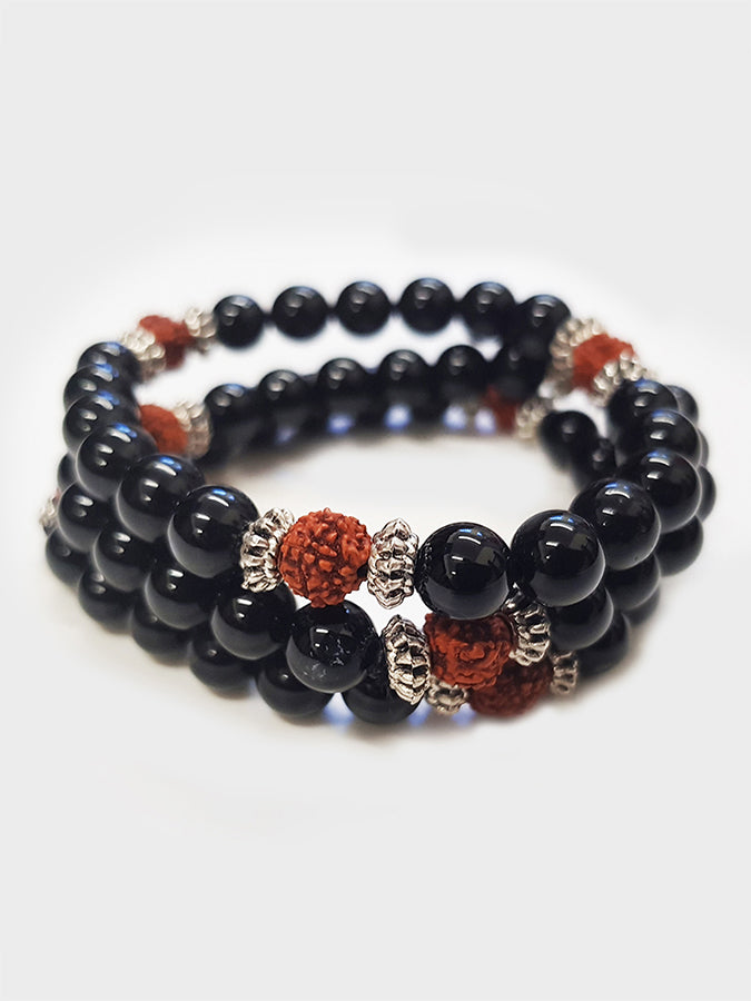 Authentic Black Onyx & Rudraksha Mala Bead Yoga Bracelet - Handmade Meditation Jewelry for Yoga, Mindfulness & Spiritual Practice
