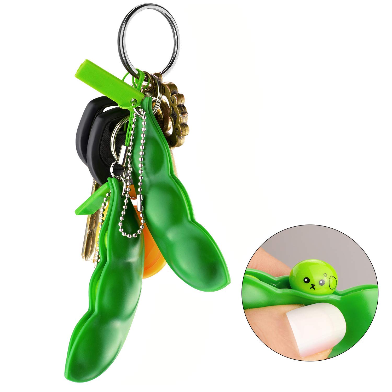 Edamame Keychain Fidget Toy - Squeeze Stress Relief Bean Keyring, Cute Soybean Sensory Toy for Anxiety & ADHD (3 Pack) - Perfect for Office, Car, School & Travel Stress Relief