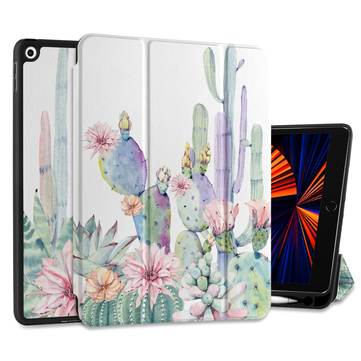 DONGKE iPad 10.2 Inch Case (2021/2020/2019) - Compatible with iPad 9th/8th/7th Generation - Slim Stand Protective Cover with Pencil Holder & Auto Sleep/Wake - Soft TPU Back - Saguaro Cactus Design - Perfect for Work, School & Travel